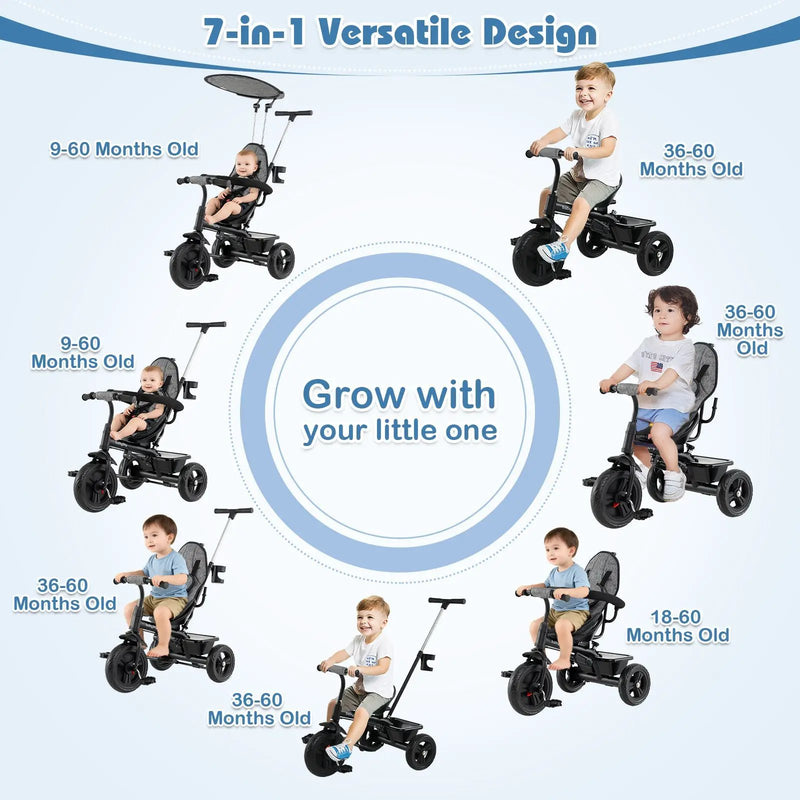 7-in-1 Baby Stroller Tricycle with Adjustable Canopy and Foldable Footrests for Ages 9-60 Months Old by DirectDeals