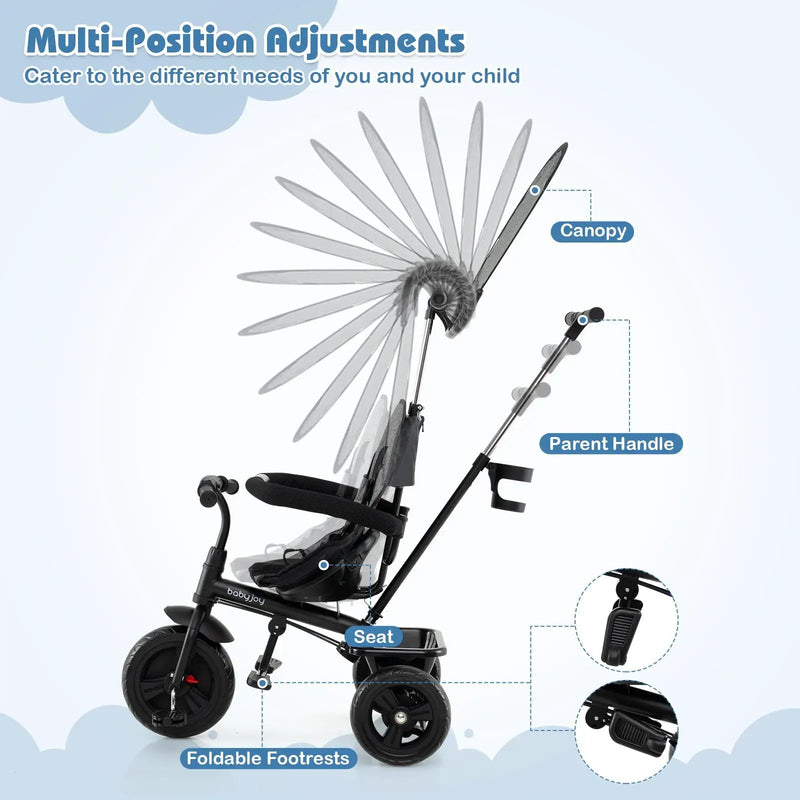7-in-1 Baby Stroller Tricycle with Adjustable Canopy and Foldable Footrests for Ages 9-60 Months Old by DirectDeals