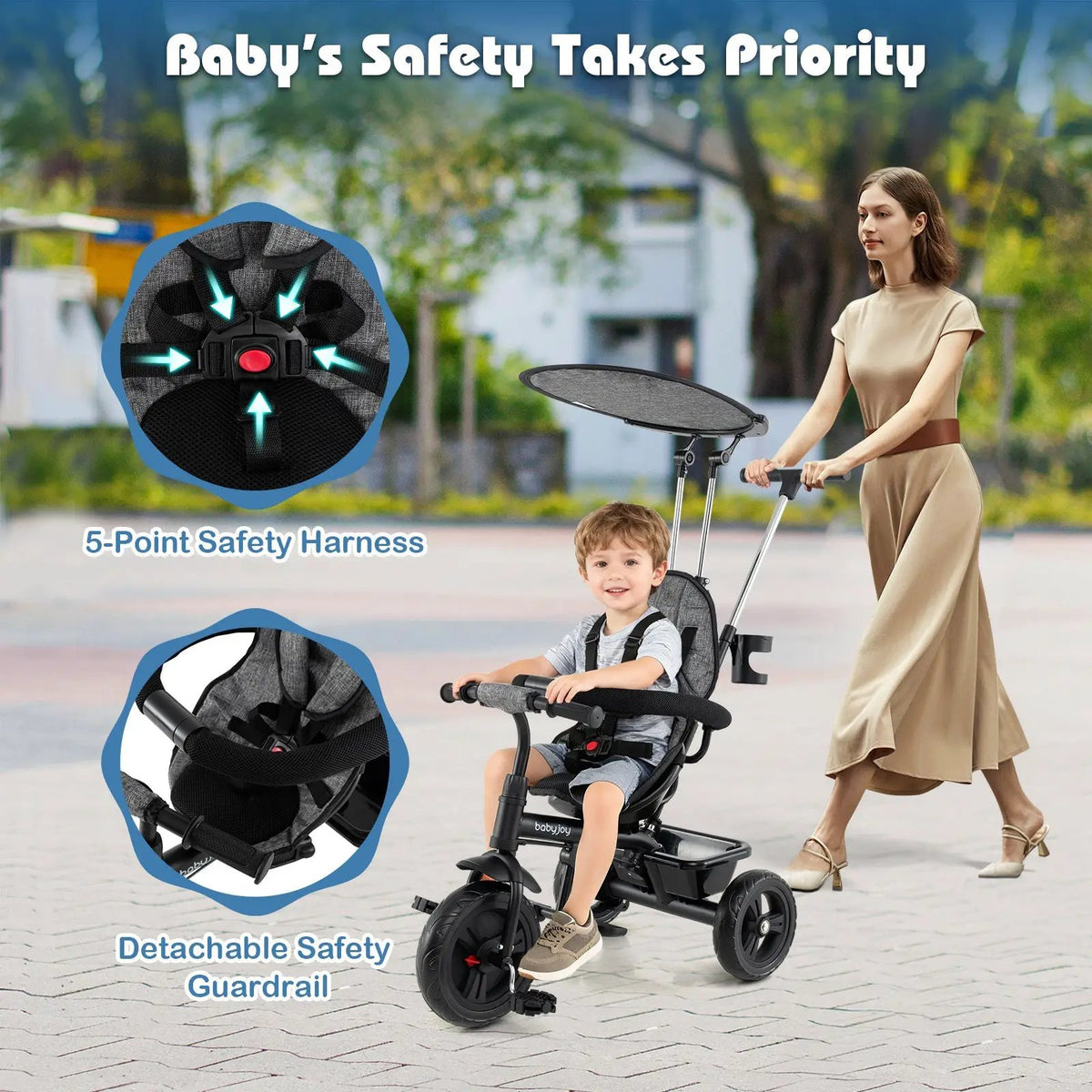 7-in-1 Baby Stroller Tricycle with Adjustable Canopy and Foldable Footrests for Ages 9-60 Months Old, photo 15 of 16