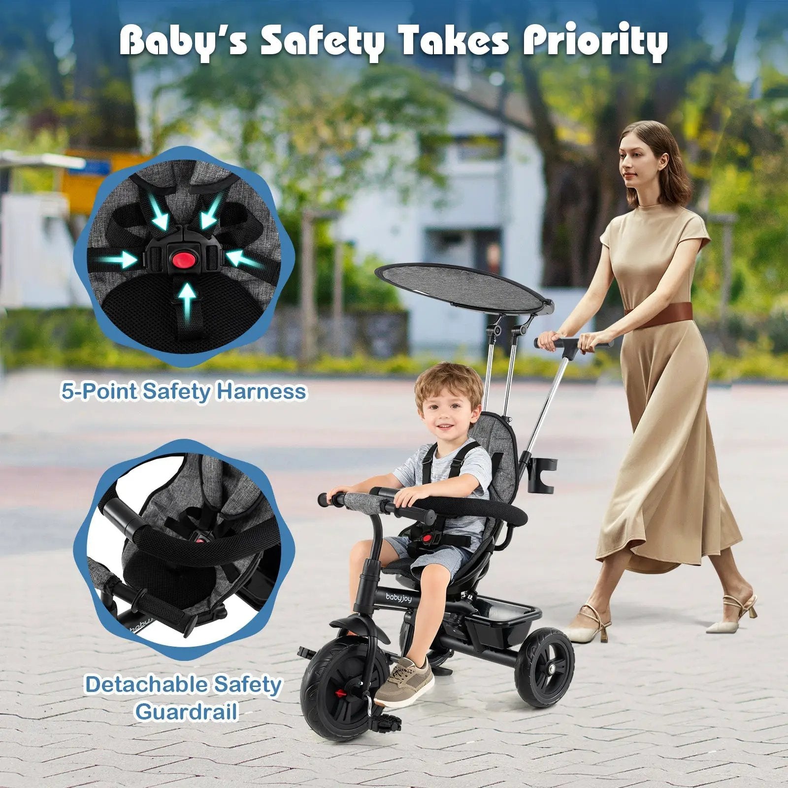 7-in-1 Baby Stroller Tricycle with Adjustable Canopy and Foldable Footrests for Ages 9-60 Months Old by DirectDeals