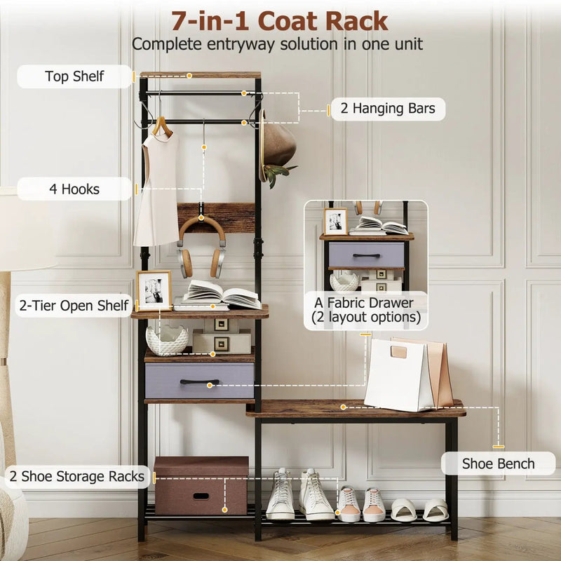 Hall Tree with Shoe Bench and Storage Hooks - Rustic Brown by DirectDeals