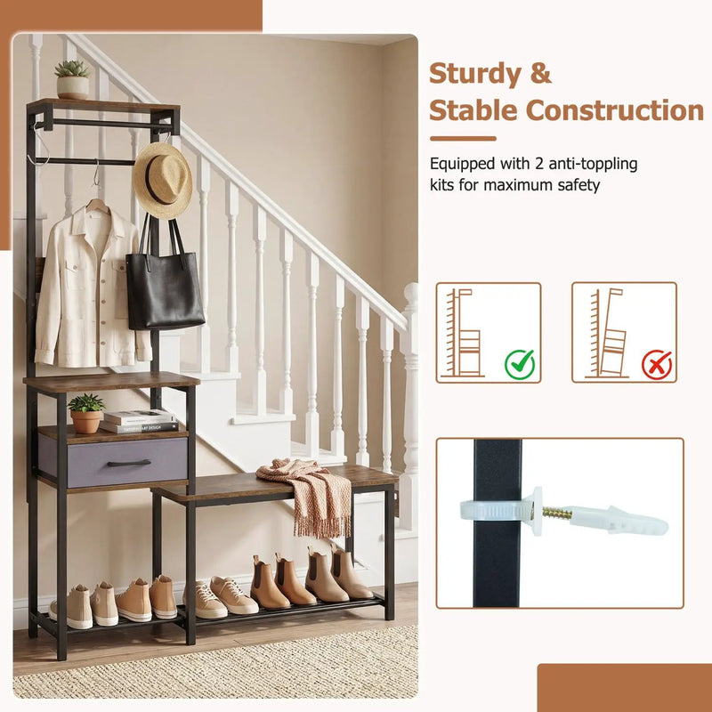 Hall Tree with Shoe Bench and Storage Hooks - Rustic Brown by DirectDeals