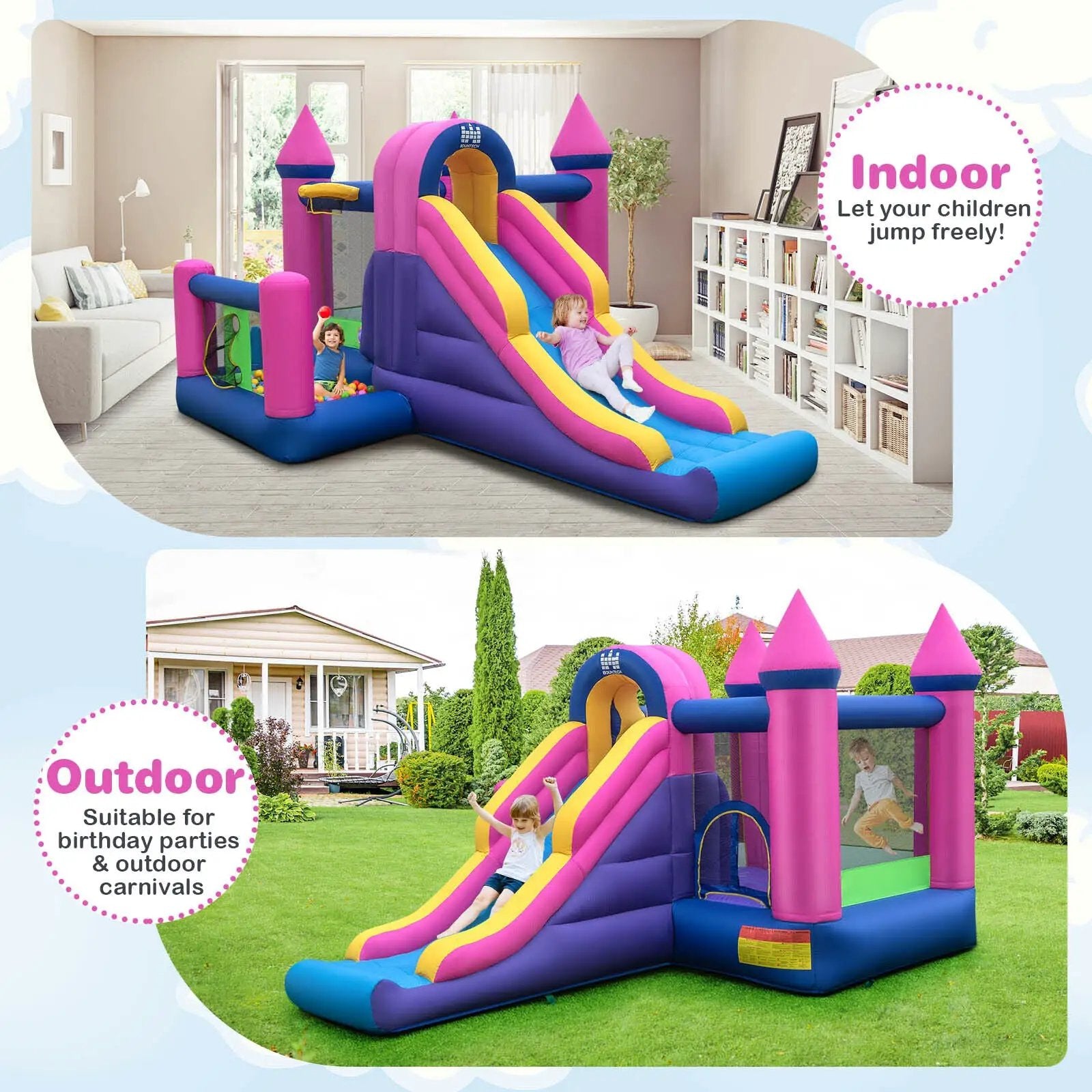 7-in-1 Kids Inflatable Bounce House with Long Slide and 735W Blower by DirectDeals