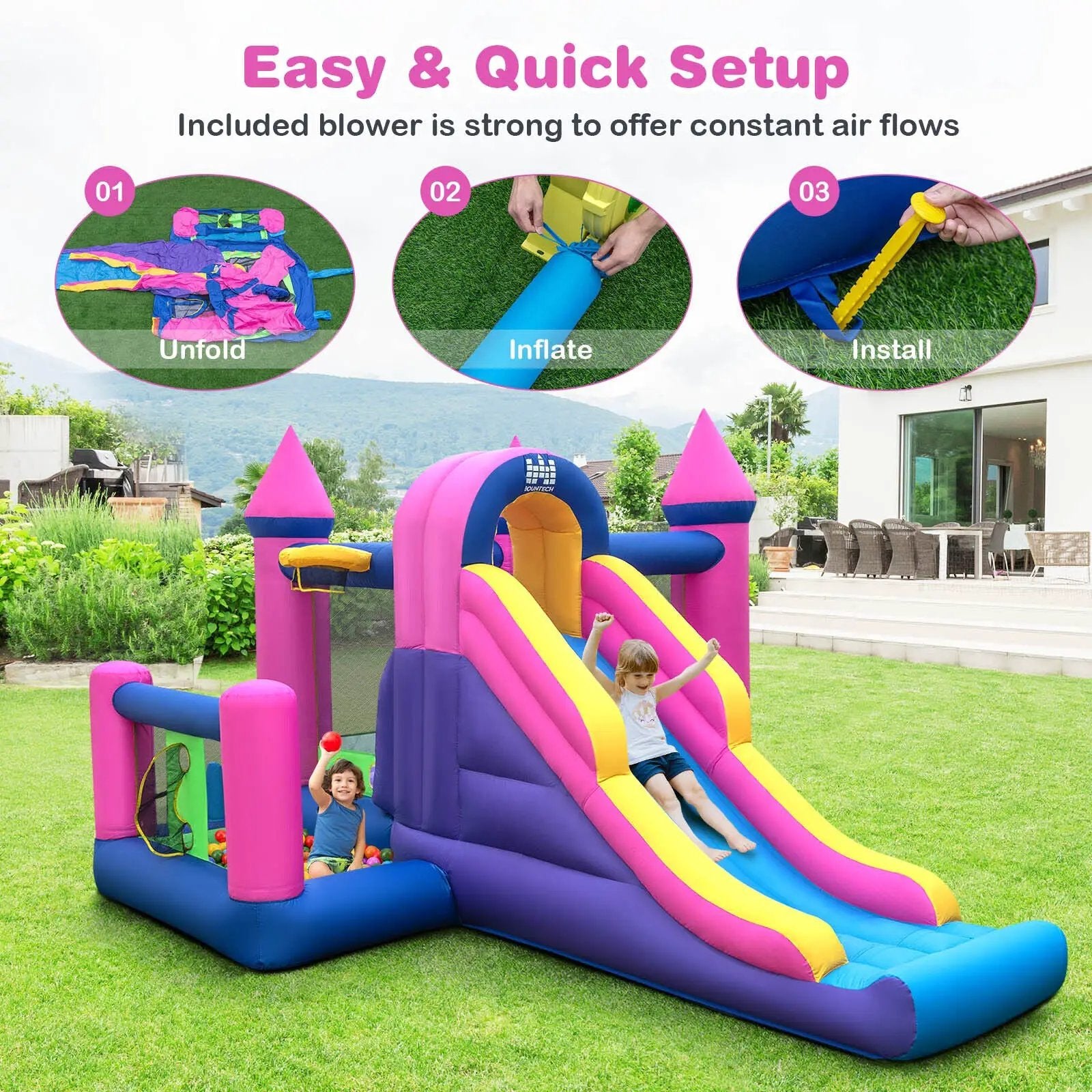 7-in-1 Kids Inflatable Bounce House with Long Slide and 735W Blower by DirectDeals