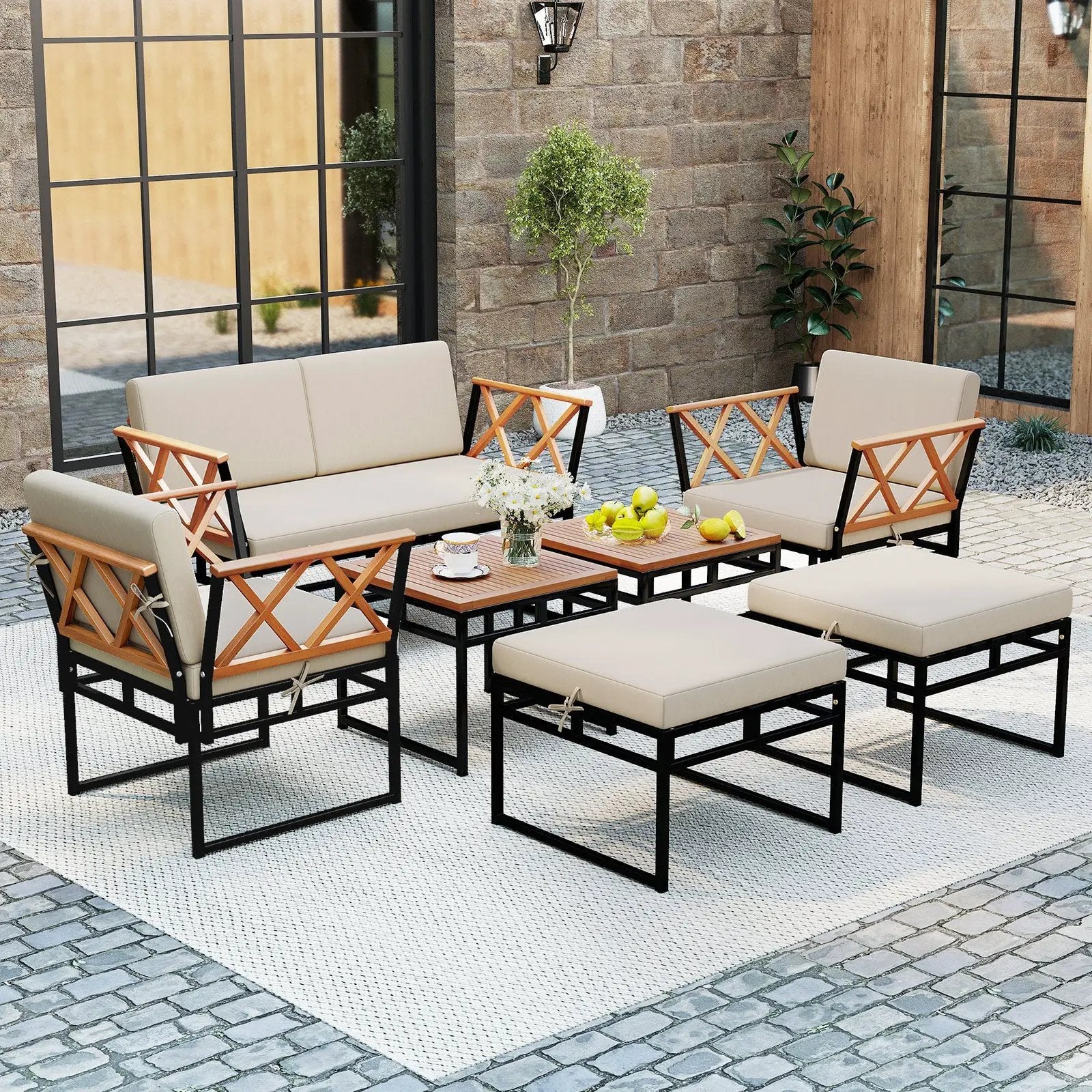 7 Piece Outdoor Conversation Set with Cushions and Bungee Rope Seat-Beige by DirectDeals