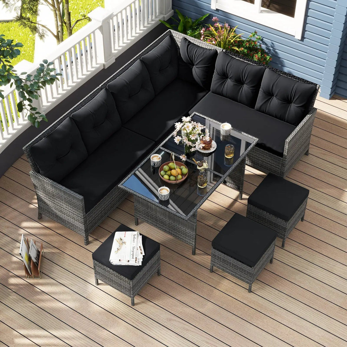 7 Pieces Patio Dining Furniture Set with Soft Cushions and Ottomans, photo 6 of 32