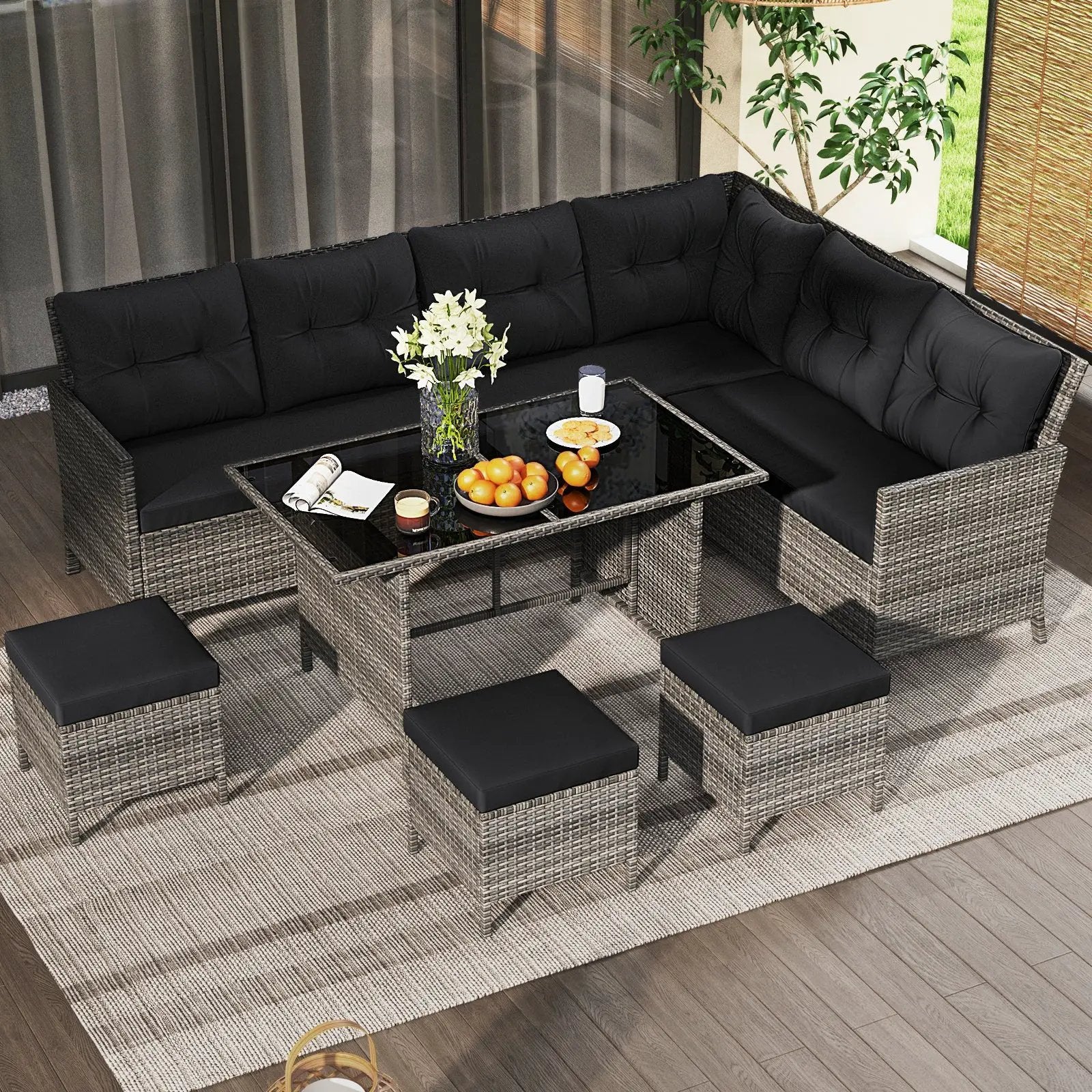 7 Pieces Patio Dining Furniture Set with Soft Cushions and Ottomans by DirectDeals