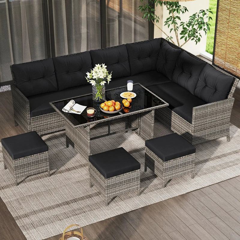 7 Pieces Patio Dining Furniture Set with Soft Cushions and Ottomans by DirectDeals