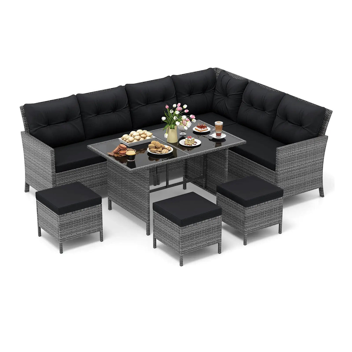 7 Pieces Patio Dining Furniture Set with Soft Cushions and Ottomans, photo 11 of 32