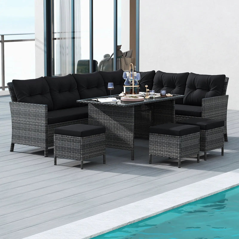 7 Pieces Patio Dining Furniture Set with Soft Cushions and Ottomans by DirectDeals