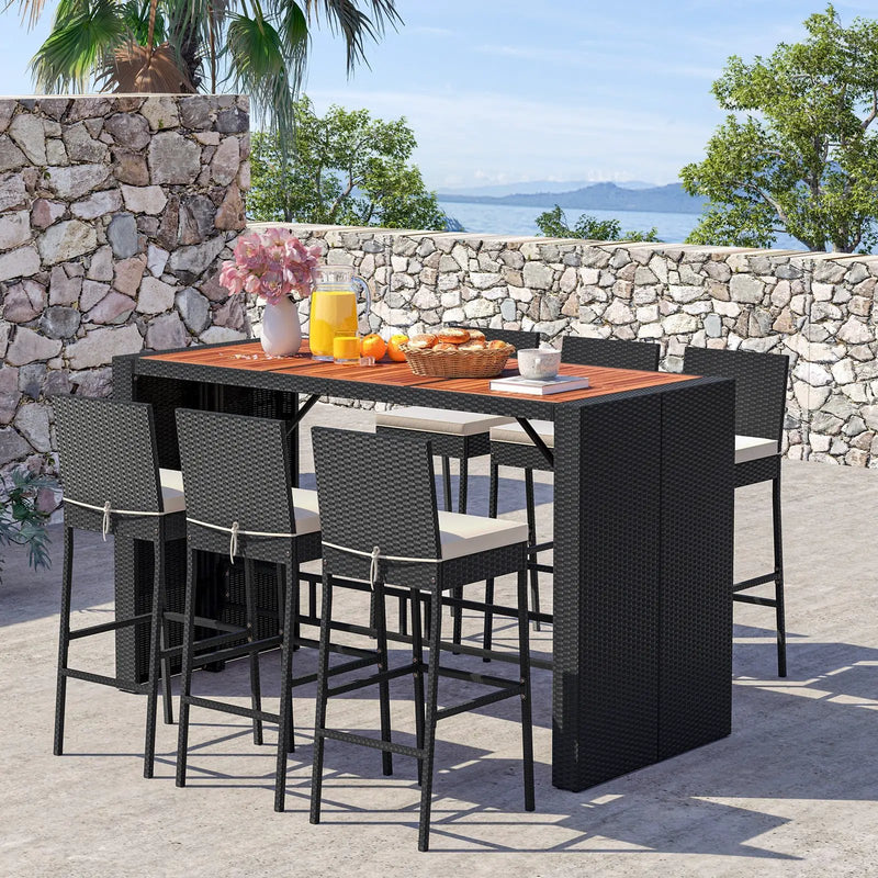 7 Pieces Patio Rattan Bar Set with Seat Cushions for Porch Yard Garden by DirectDeals