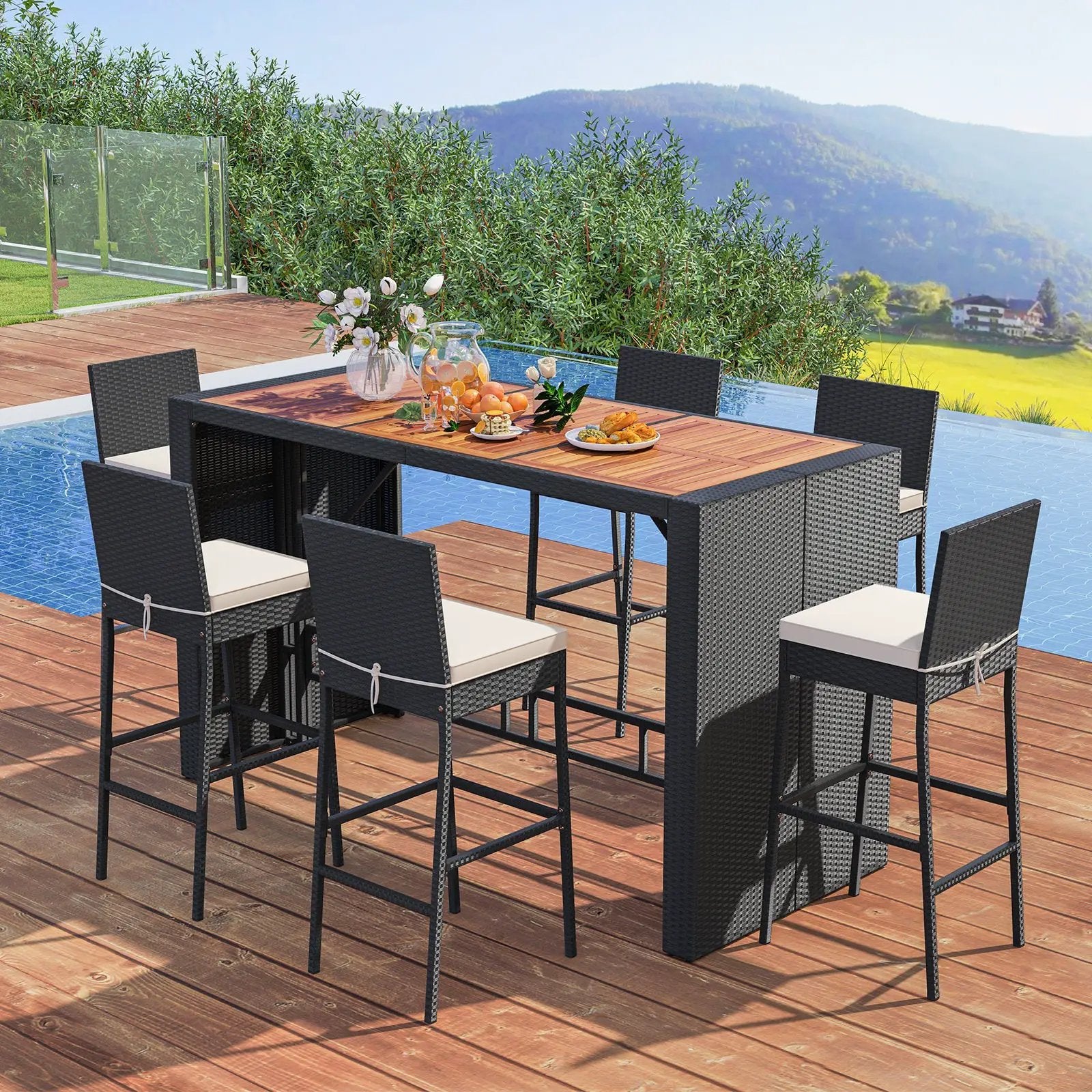 7 Pieces Patio Rattan Bar Set with Seat Cushions for Porch Yard Garden by DirectDeals