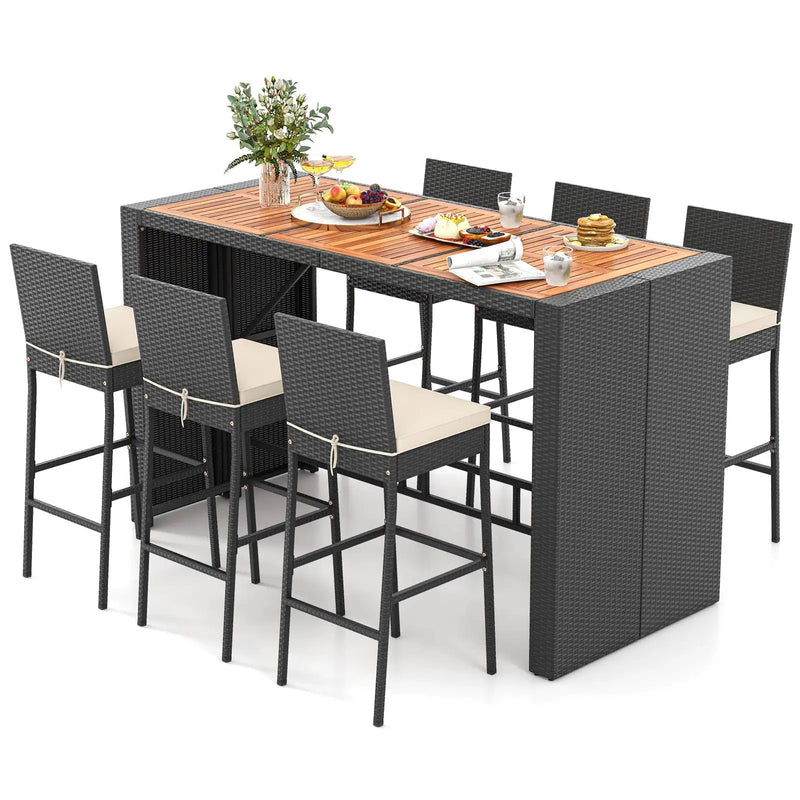 7 Pieces Patio Rattan Bar Set with Seat Cushions for Porch Yard Garden by DirectDeals