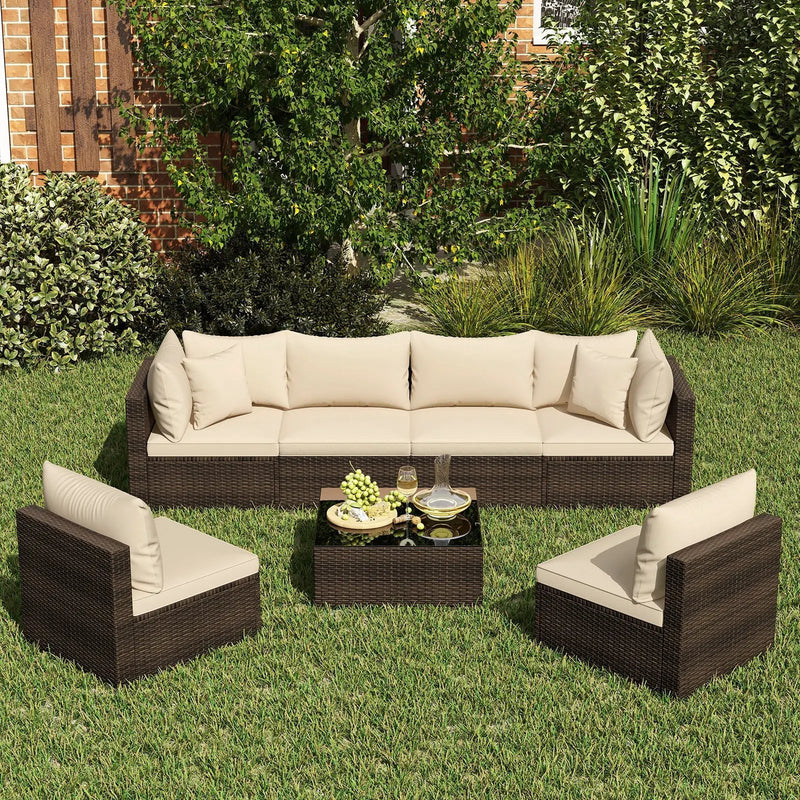 7 Pieces Patio Rattan Furniture Set with Sectional Sofa Cushions by DirectDeals