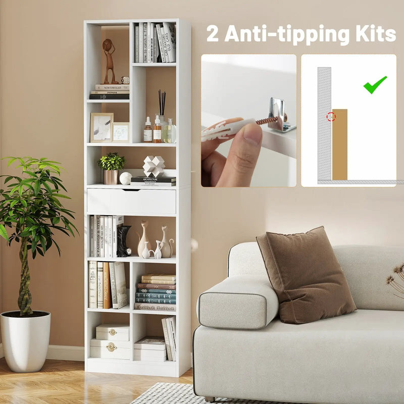 7-tier Bookshelf with Drawer 180cm Floor Standing Display Rack Storage Shelf-White by DirectDeals