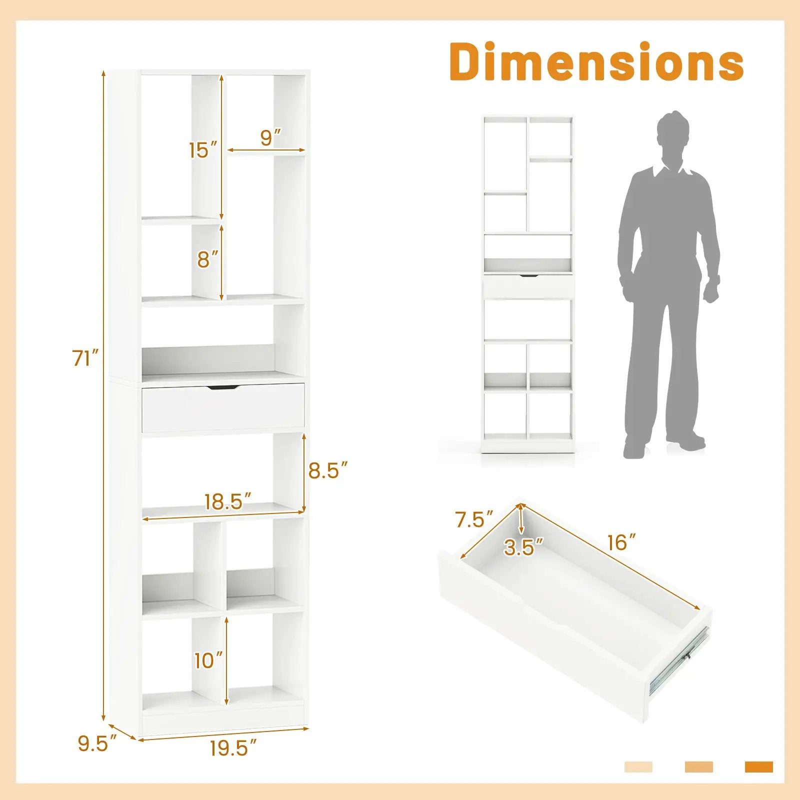7-tier Bookshelf with Drawer 180cm Floor Standing Display Rack Storage Shelf-White by DirectDeals