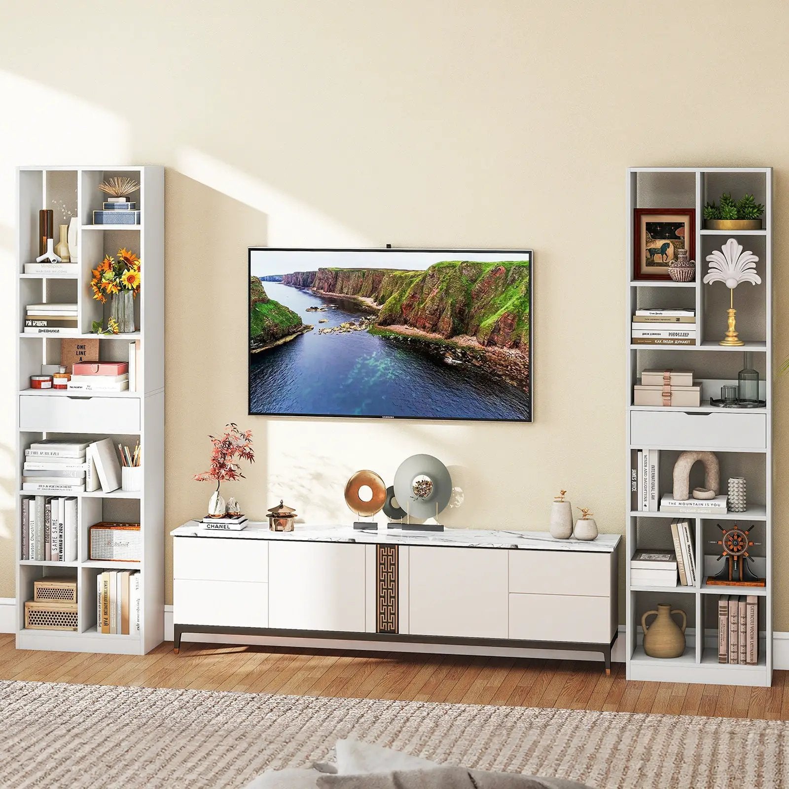 7-tier Bookshelf with Drawer 180cm Floor Standing Display Rack Storage Shelf-White by DirectDeals
