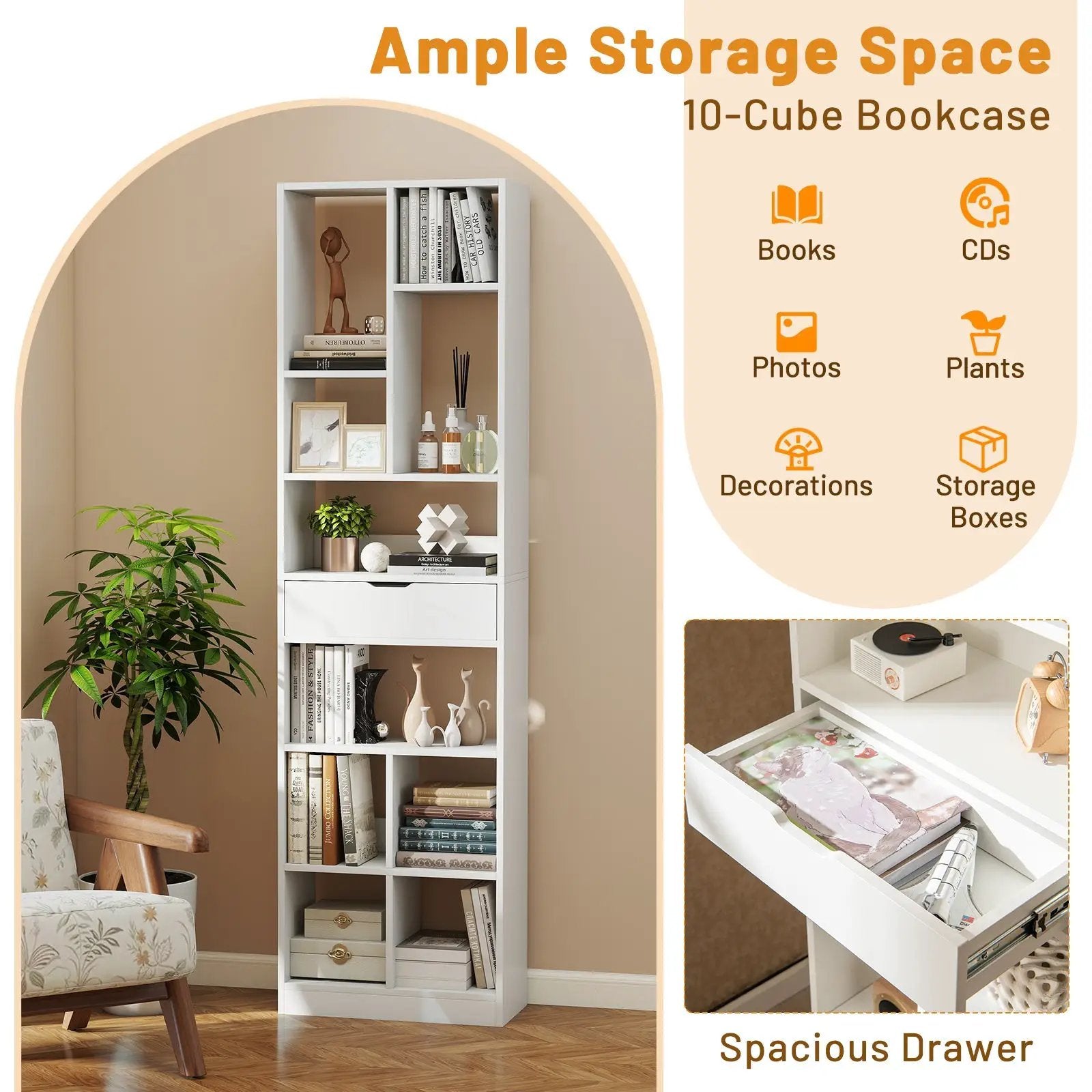 7-tier Bookshelf with Drawer 180cm Floor Standing Display Rack Storage Shelf-White by DirectDeals