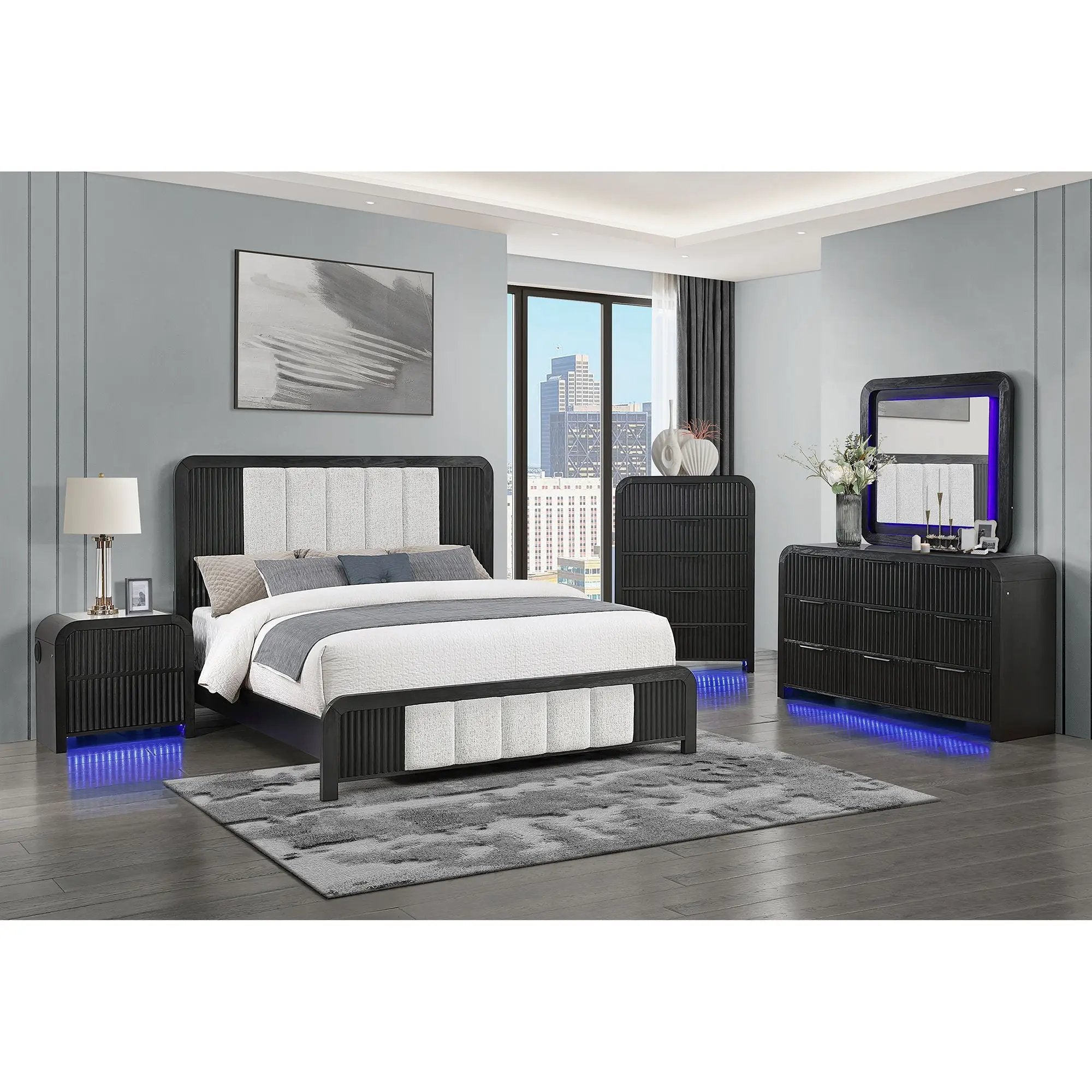 Beverly - Nightstand With Cooler And Speaker, LED Light, Rounded Sides - Black White by Unique Piece Furniture
