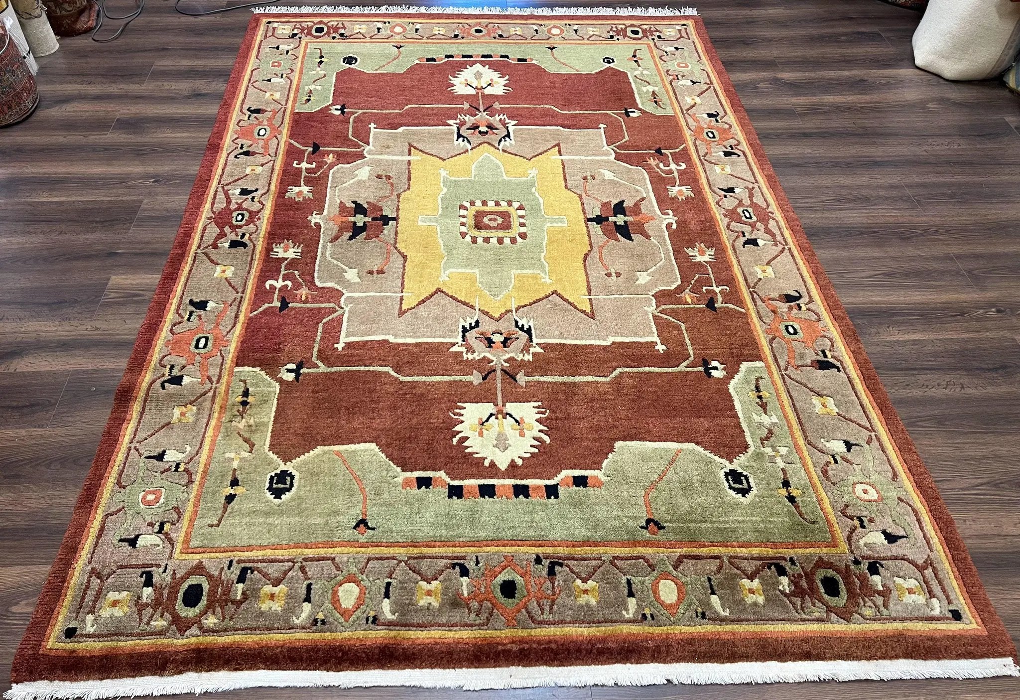 Tibetan Rug 7x10, Geometric Medallion, Red Green Taupe, Hand Knotted, Soft Wool Area Rug, Contemporary Carpet, Handmade Nepali Rug 7 x 10 ft by Jewel Rugs