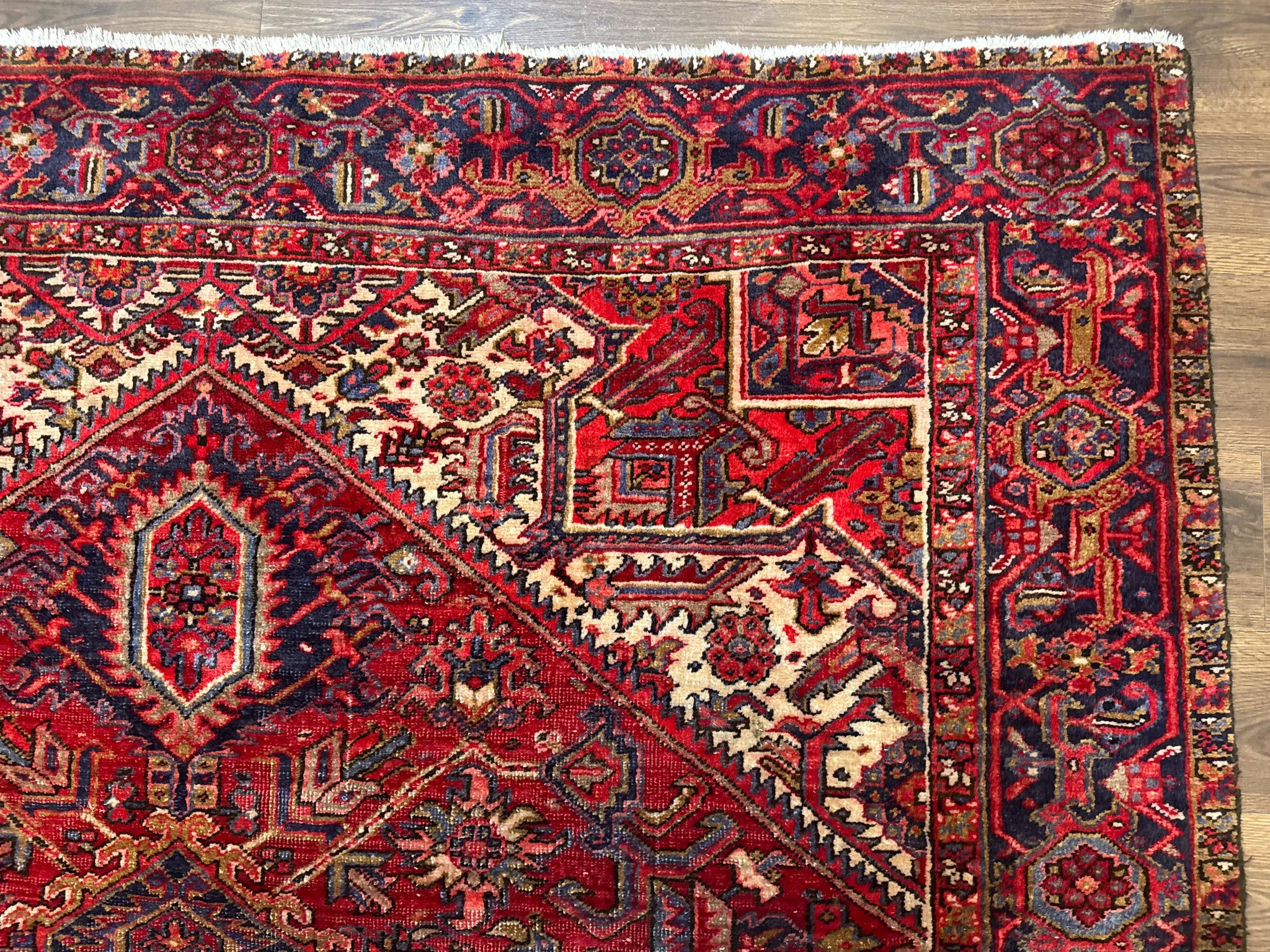 Persian Heriz Rug 7x10, Geometric Pattern, Red Ivory Navy Blue by Jewel Rugs