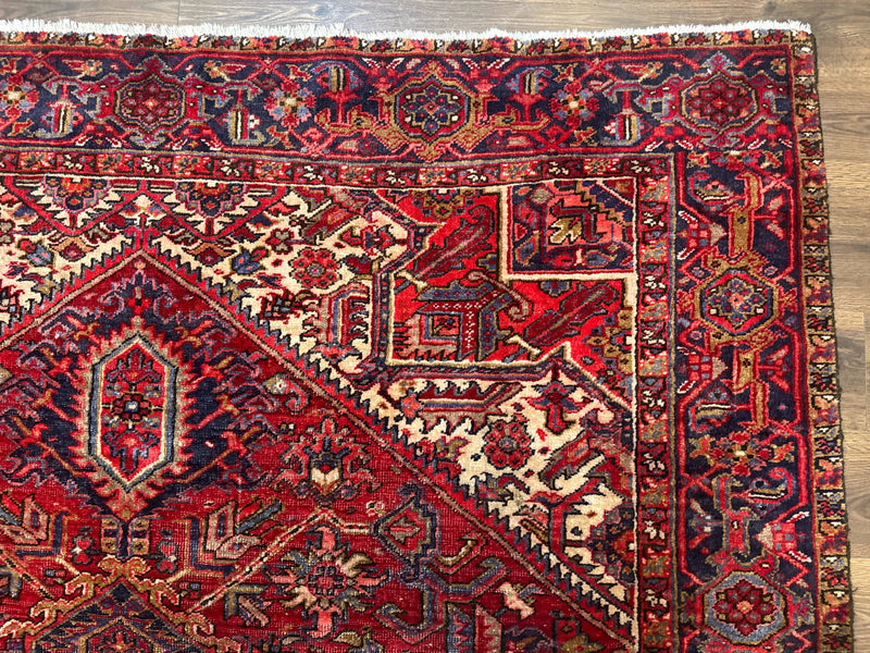 Persian Heriz Rug 7x10, Geometric Pattern, Red Ivory Navy Blue by Jewel Rugs