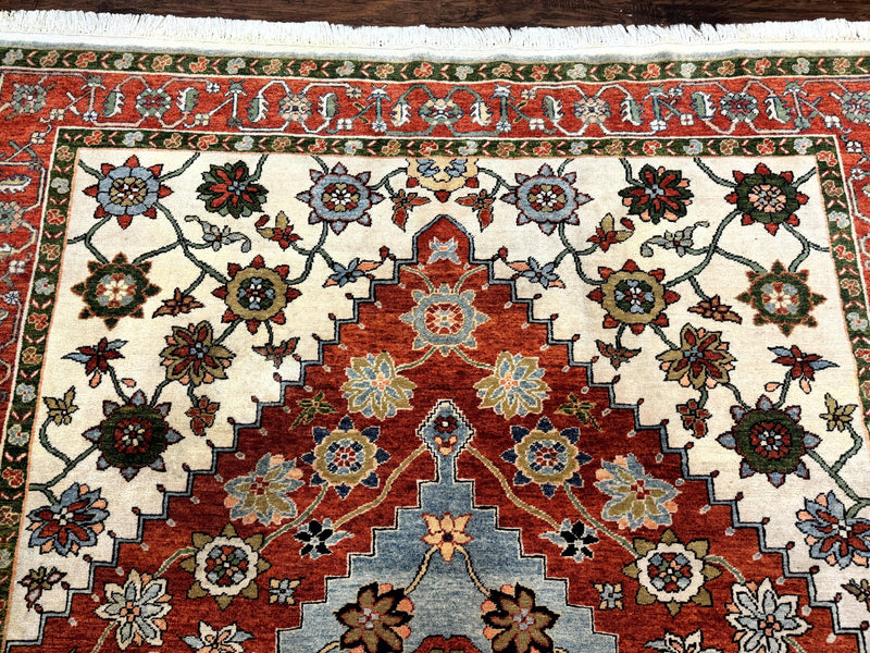Indo Persian Heriz Rug 7x9, Geometric Pattern, Cream & Light Red, Handmade Vintage Wool Carpet by Jewel Rugs