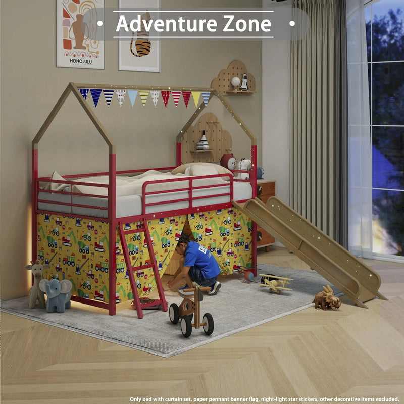 Jack - House Loft Bed With Slide And Curtain Set by HouseOfZazla