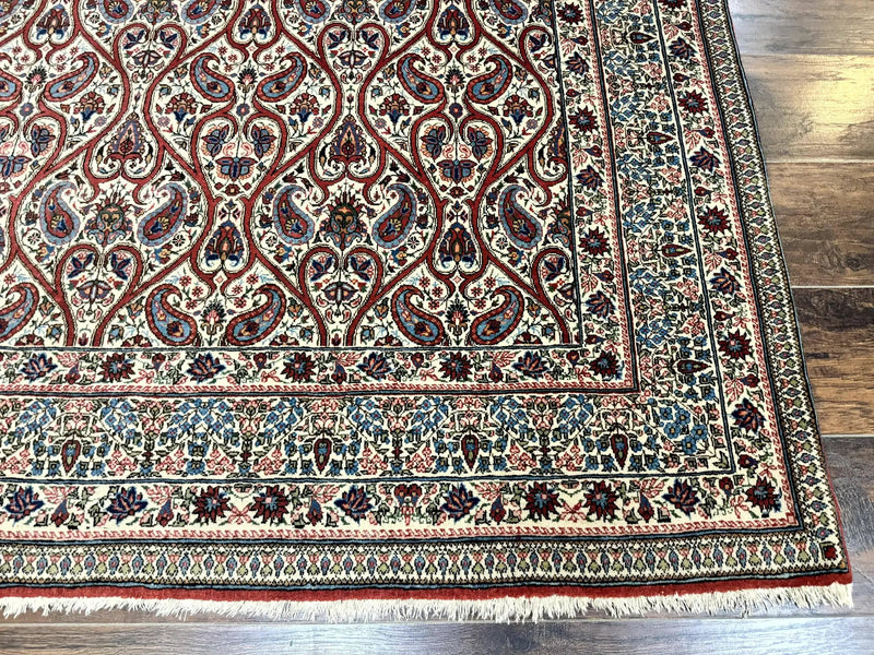 Unique Persian Qum Rug 5x7, Repeated Paisely Boteh Design, Ivory Red Blue, Handmade Antique Wool Persian Carpet, Finely Hand Knotted by Jewel Rugs