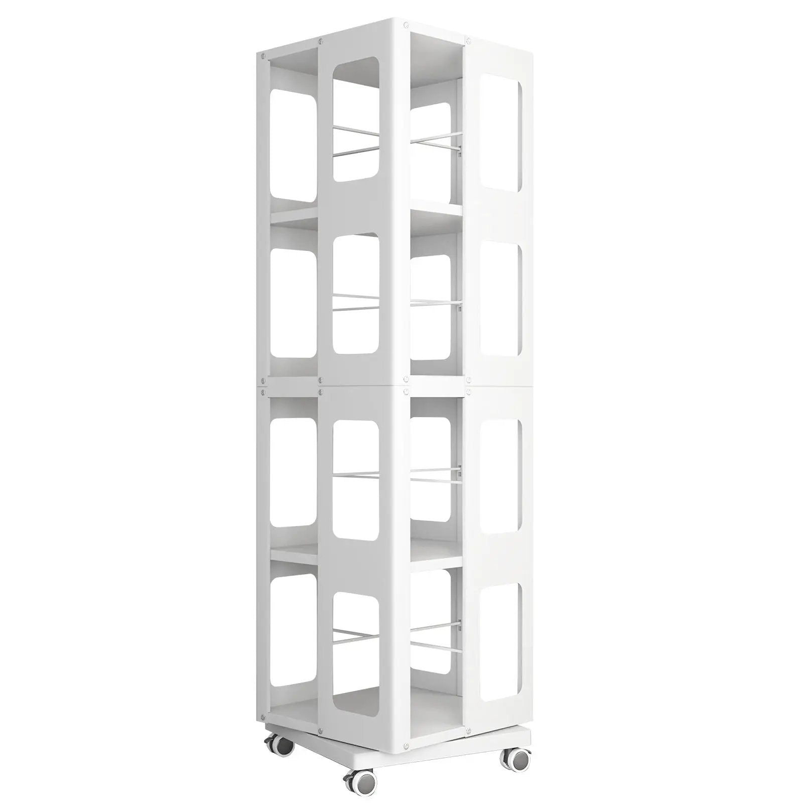 4 Tier All Steel Rotating Bookshelf With 360° Wheels, Large Size Sturdy & Spacious Book Rack, New Style Bookshelf - White by HouseOfZazla