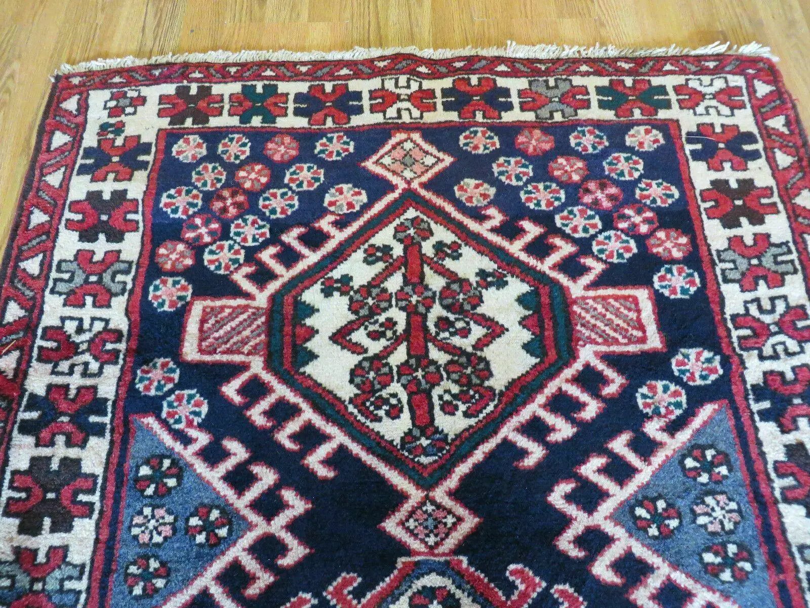 Persian Runner Rug 3.5 x 10.7, Karajeh Heriz Rug, Navy Blue, Geometric Medallions by Jewel Rugs