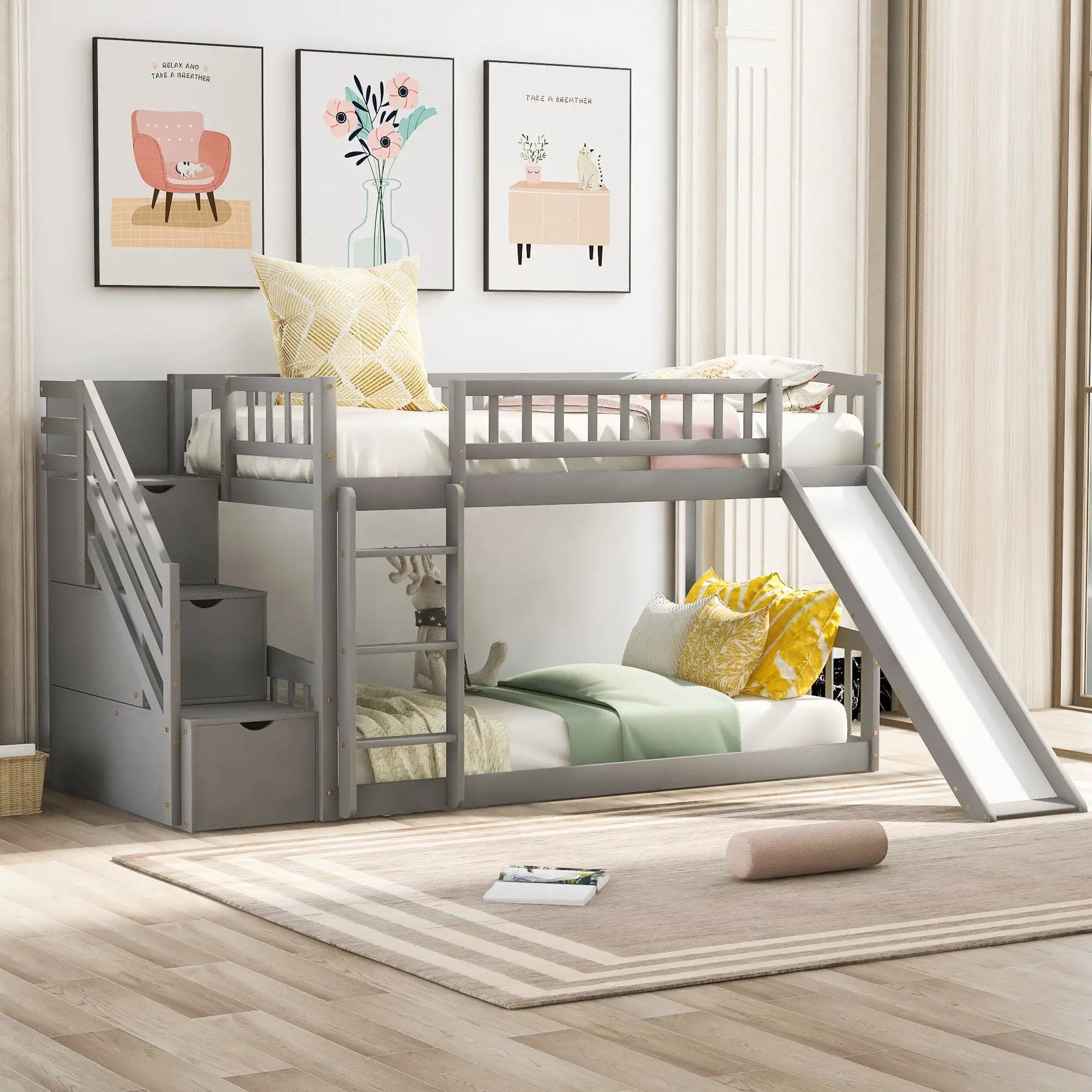 Twin Over Twin Bunk Stairway Bed With 2 Drawers And Slide - Gray by HouseOfZazla