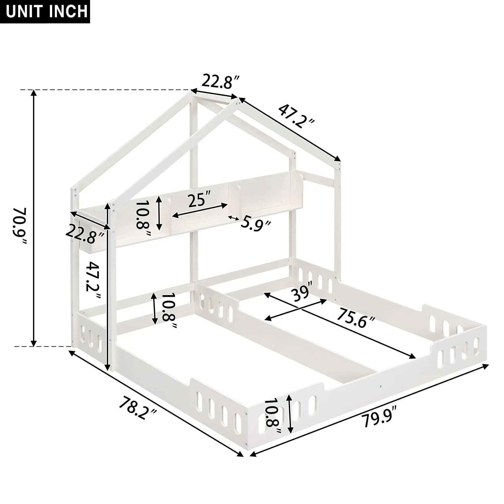 Twin Size Platform Bed With Shared Design, Guardrails, And Built In Shelves - Creamy White by HouseOfZazla