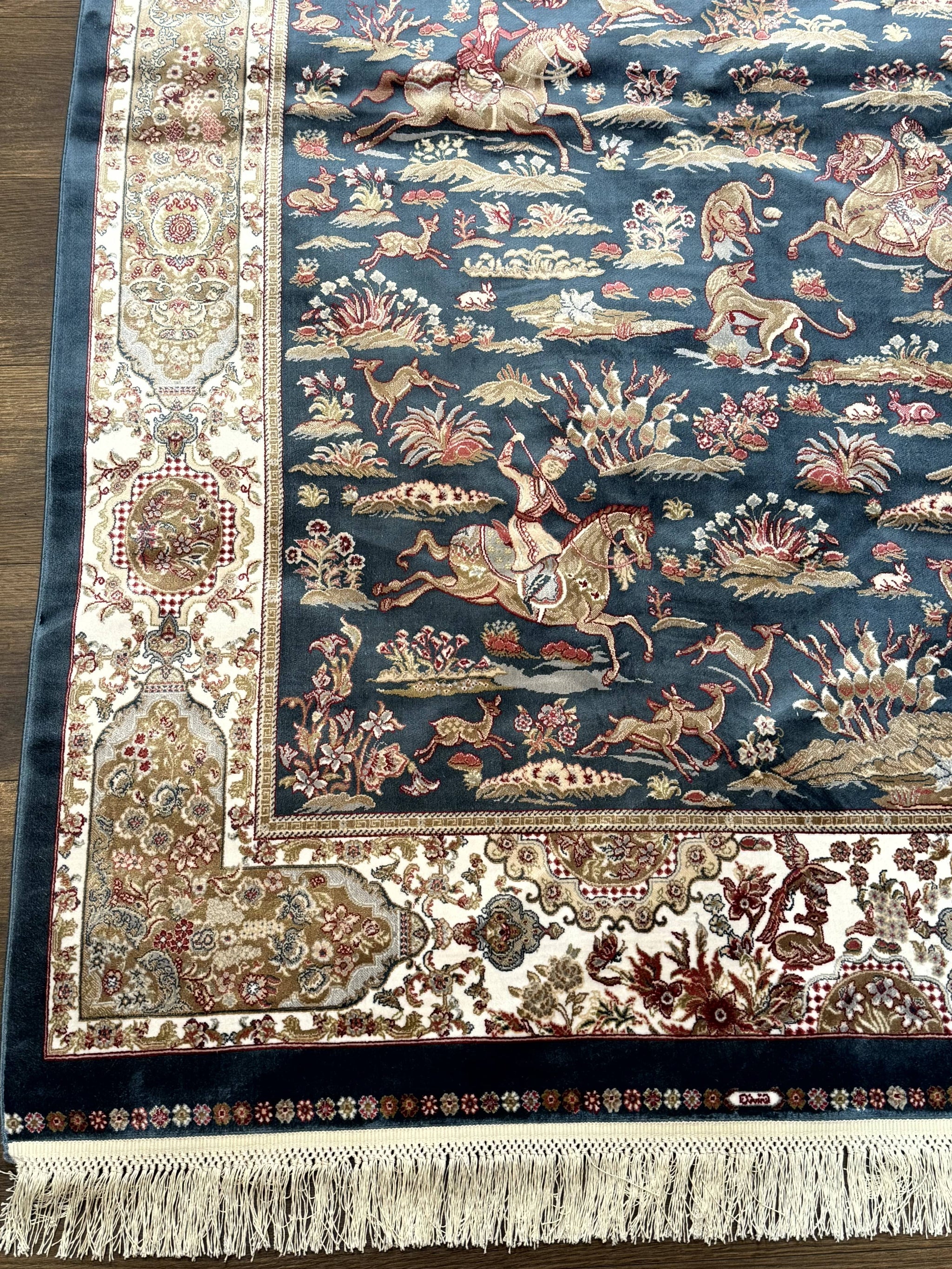 Turkish Silk Hunting Design Rug 4x6, Dark Steel Blue & Ivory, Bamboo Silk, New by Jewel Rugs