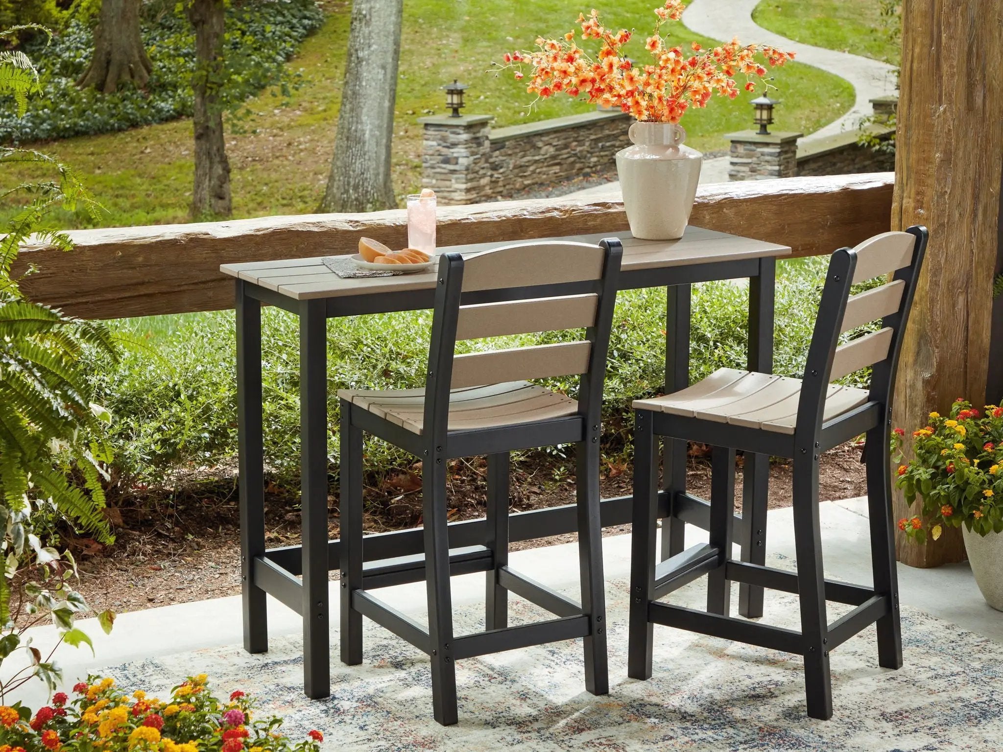 Shoreline Beach - Outdoor Counter Table And 2 Barstools (Set of 3) - Black / Beige by Unique Piece Furniture