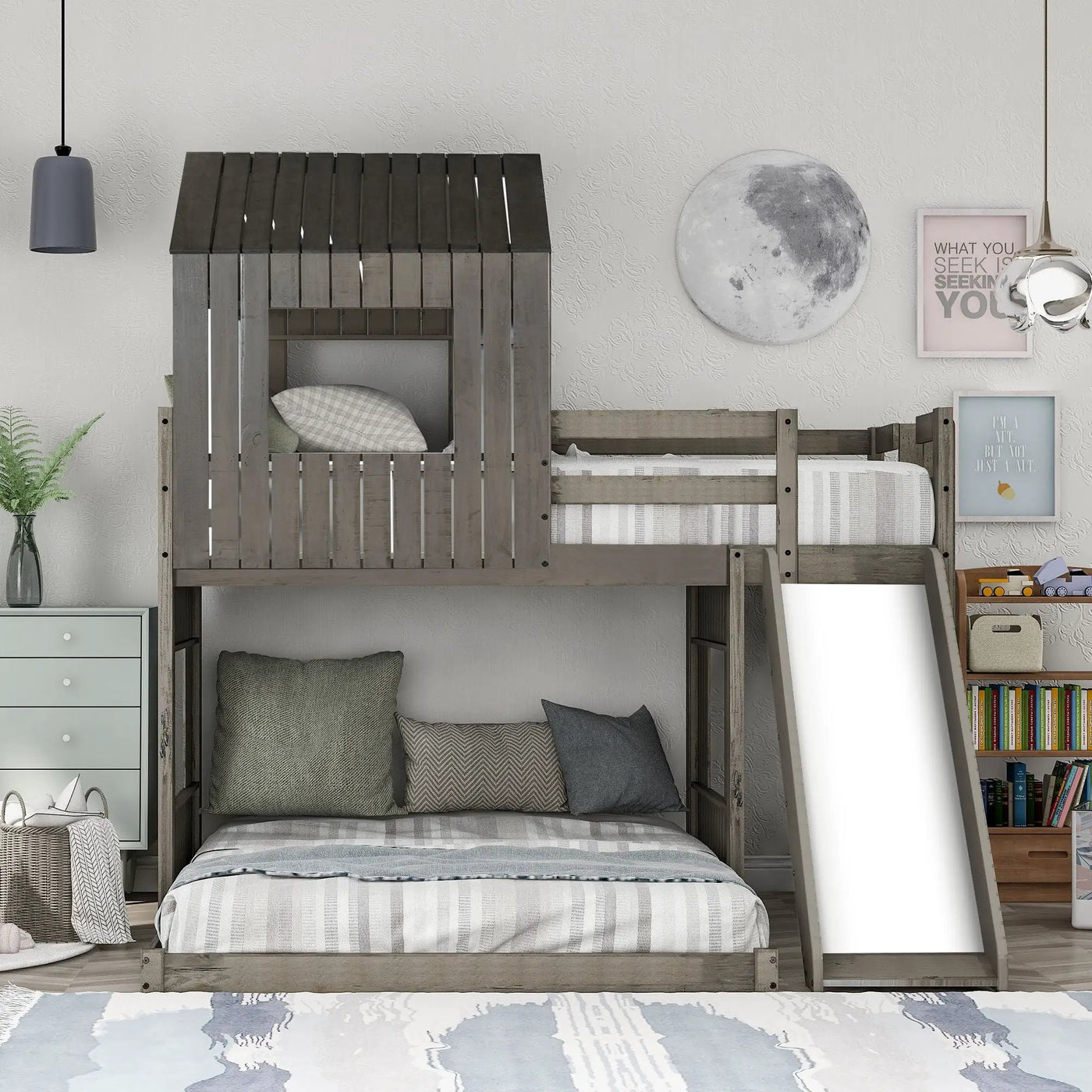 Loft Bunk Bed With Playhouse, Farmhouse, Ladder, Slide And Guardrails by HouseOfZazla