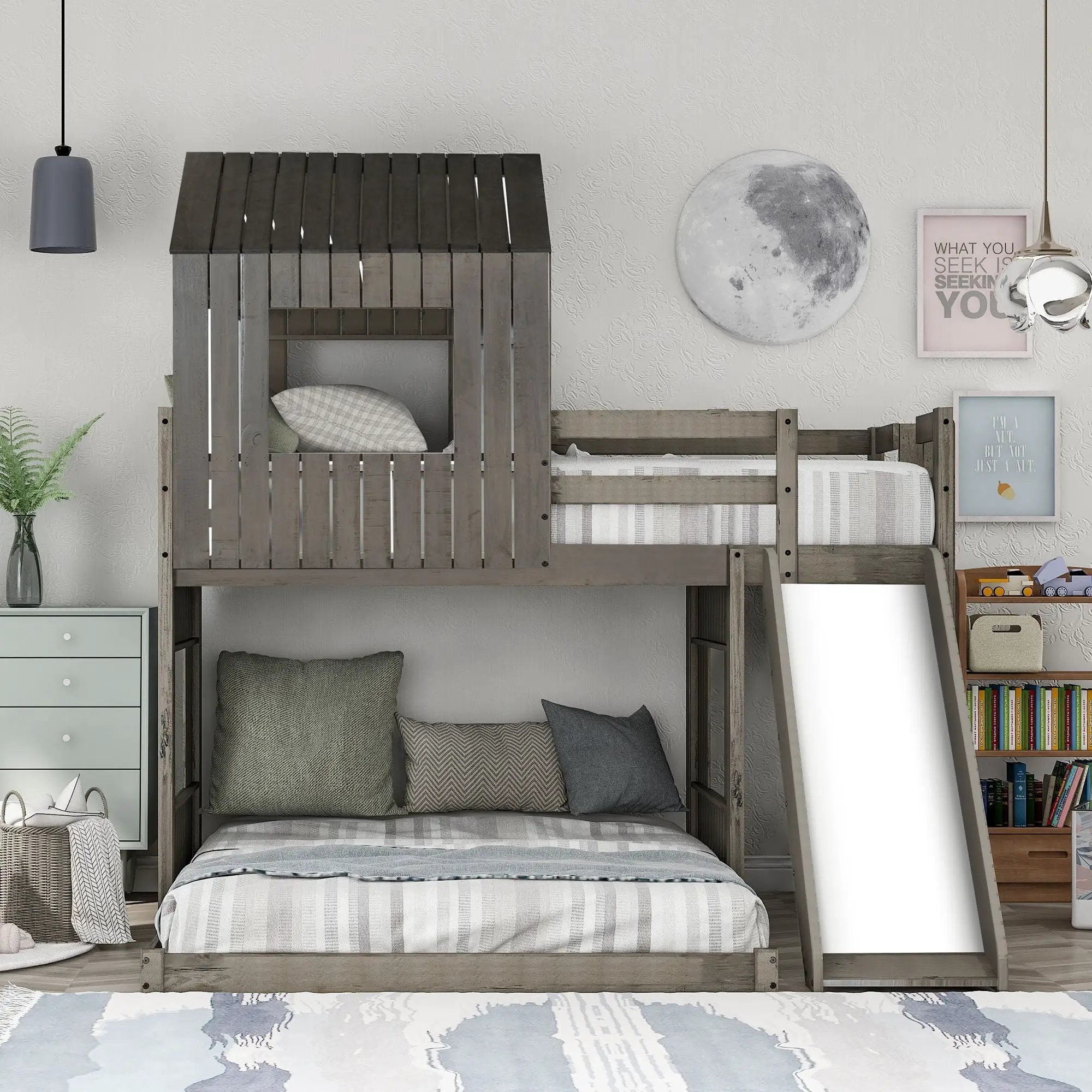 Loft Bunk Bed With Playhouse, Farmhouse, Ladder, Slide And Guardrails by HouseOfZazla