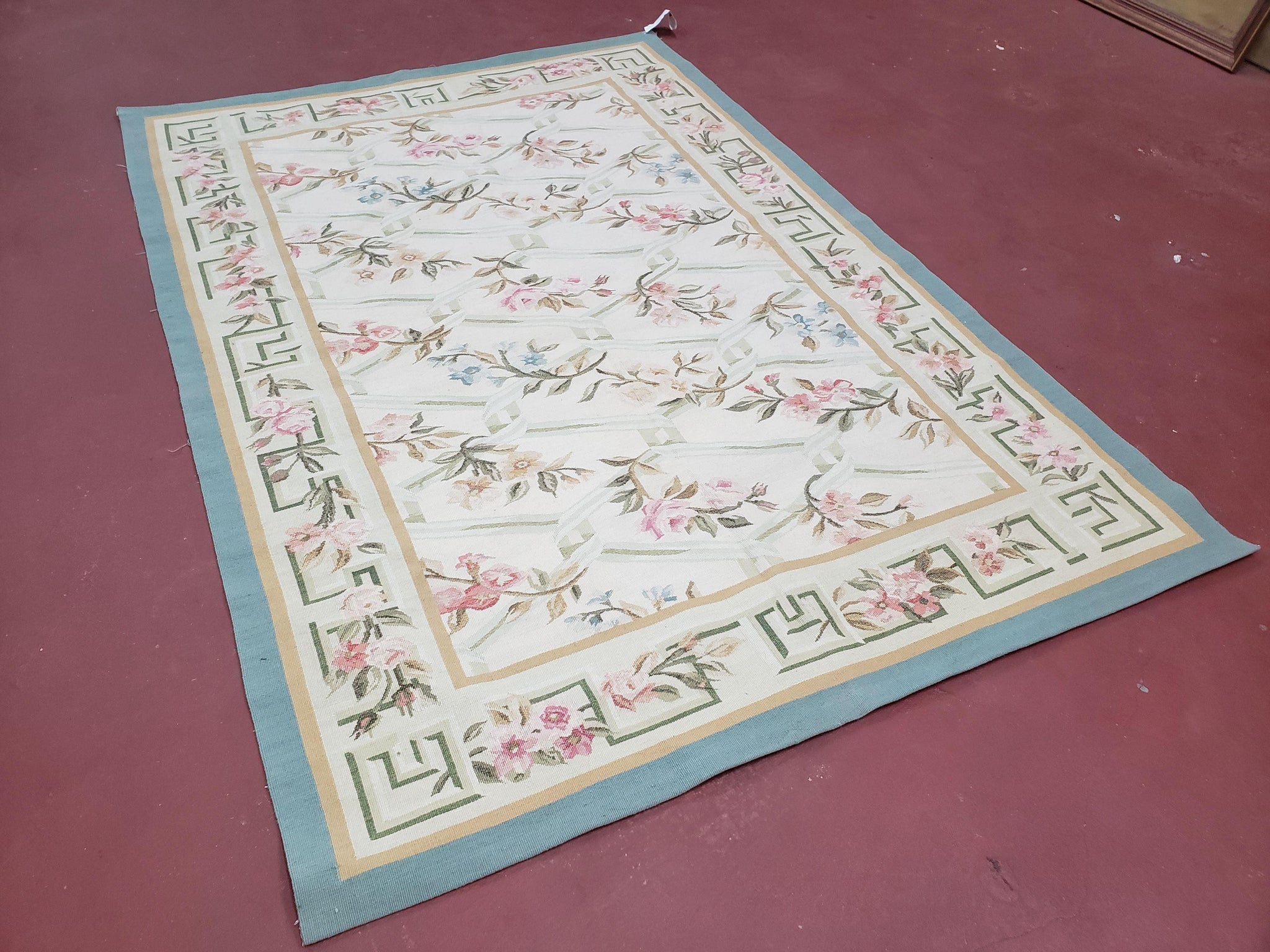 Vintage Aubusson Area Rug, Aubusson Flat weave Carpet, Floral Geometric Pattern, Beige Teal Green, 4x6 Rug, European Design by Jewel Rugs