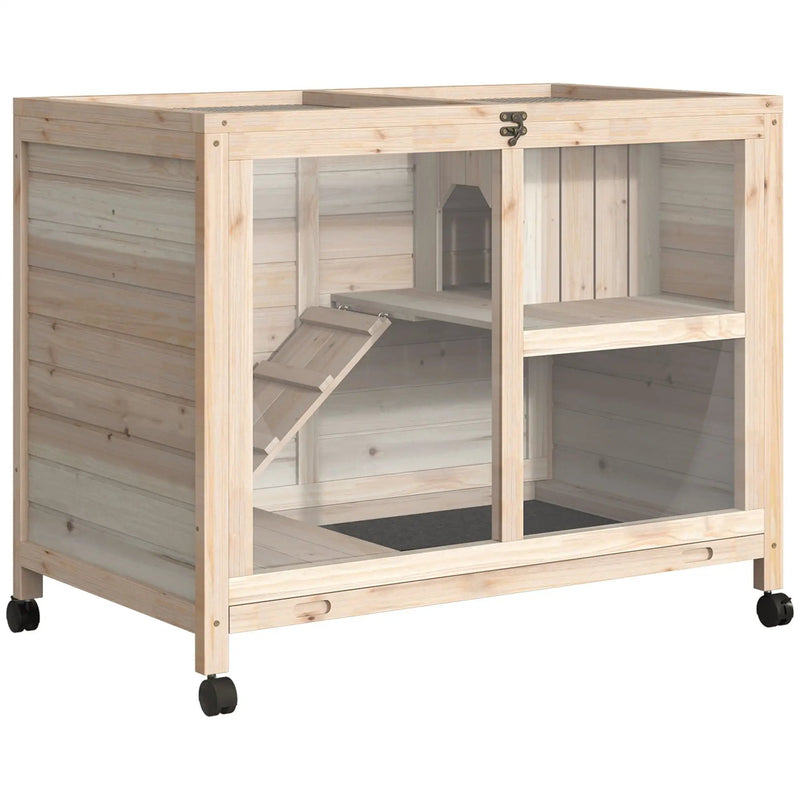 Pawhut - Indoor Rabbit Hutch With Wheels, Desk And Side Table Sized, Wood Rabbit Cage, Waterproof Small Rabbit Cage - Natural by HouseOfZazla