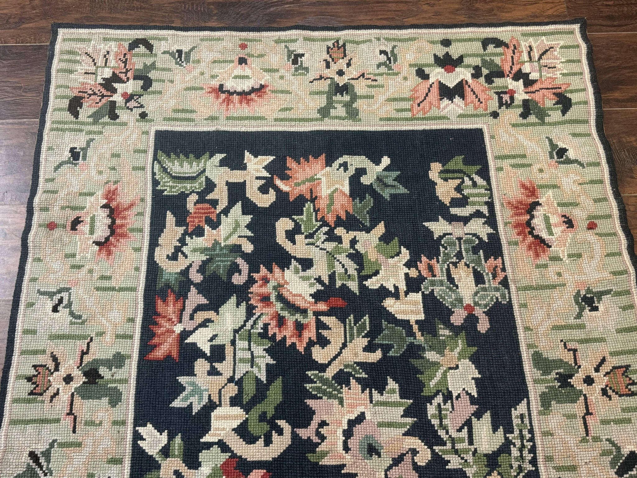 Vintage American Needlepoint Rug 4x6, Dark Green, Wool, Handmade, Flatweave Carpet by Jewel Rugs