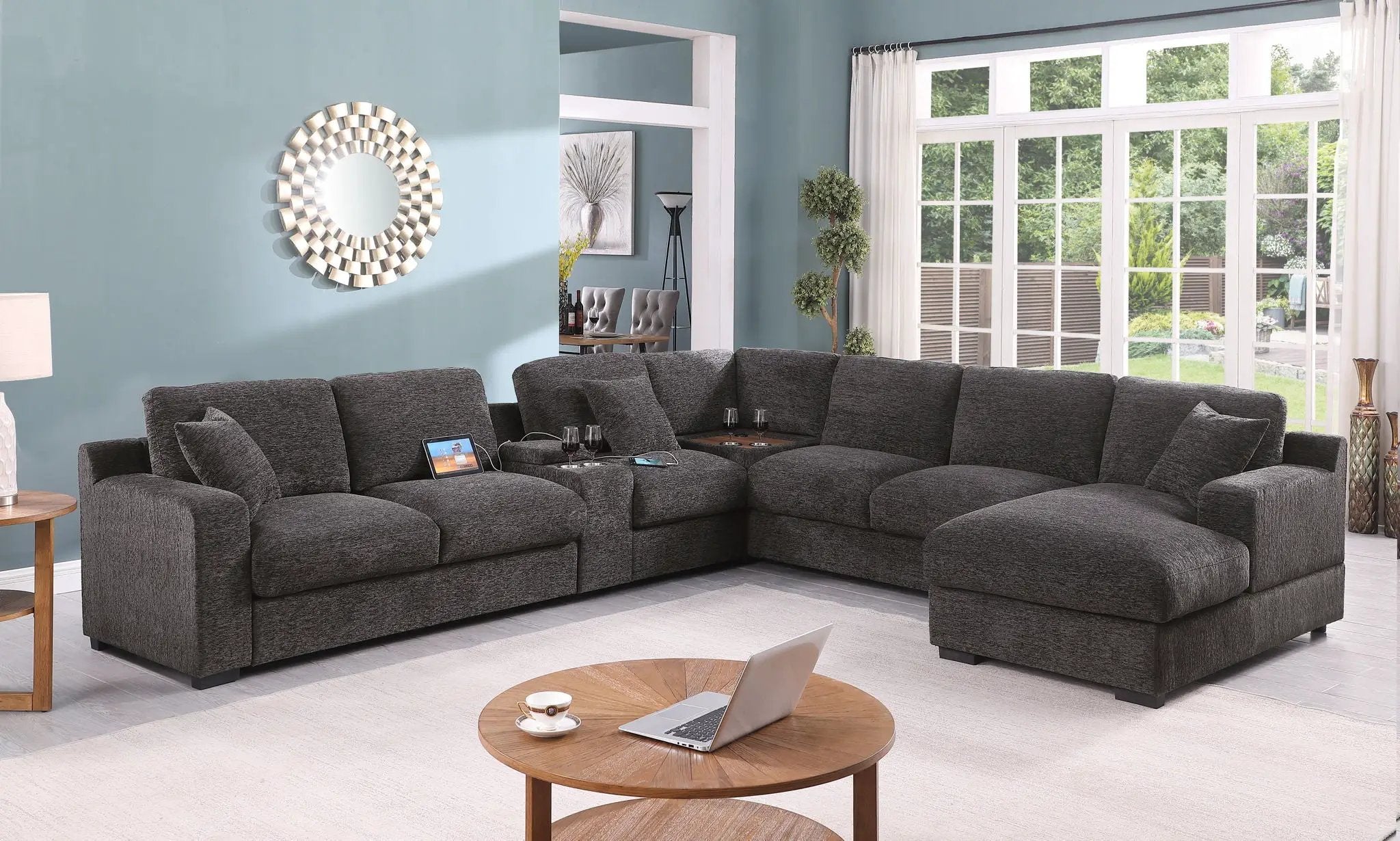 Celine - Corner Sectional Sofa With Right Facing Chaise, Cupholders, And Charging Ports - Gray by HouseOfZazla