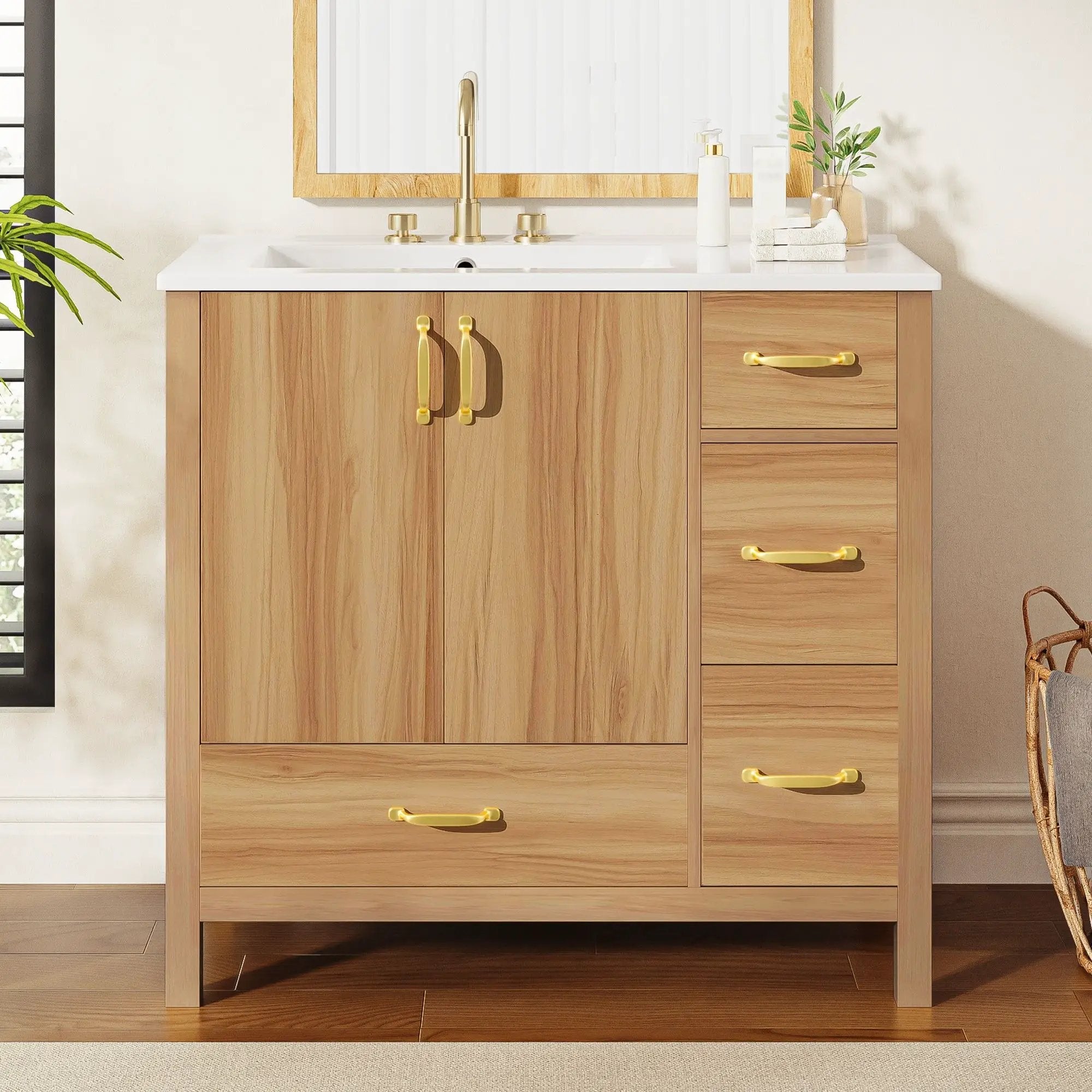 36" Bathroom Vanity, 2 Soft Close Doors, 4 Soft Close Drawers, Adjustable Shelf, Storage Cabinet - Acacia Wood by Unique Piece Furniture