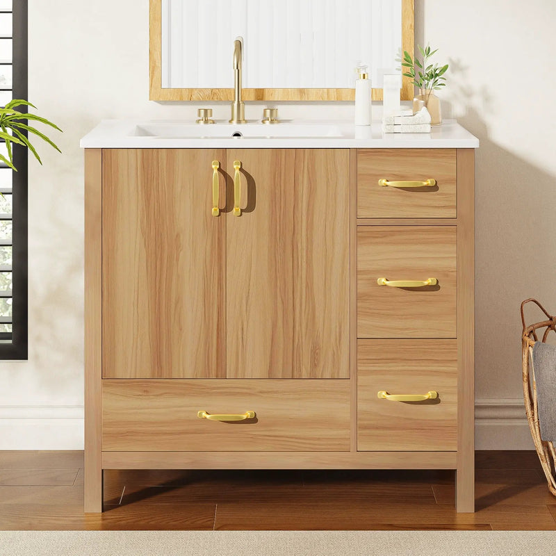 36" Bathroom Vanity, 2 Soft Close Doors, 4 Soft Close Drawers, Adjustable Shelf, Storage Cabinet - Acacia Wood by Unique Piece Furniture