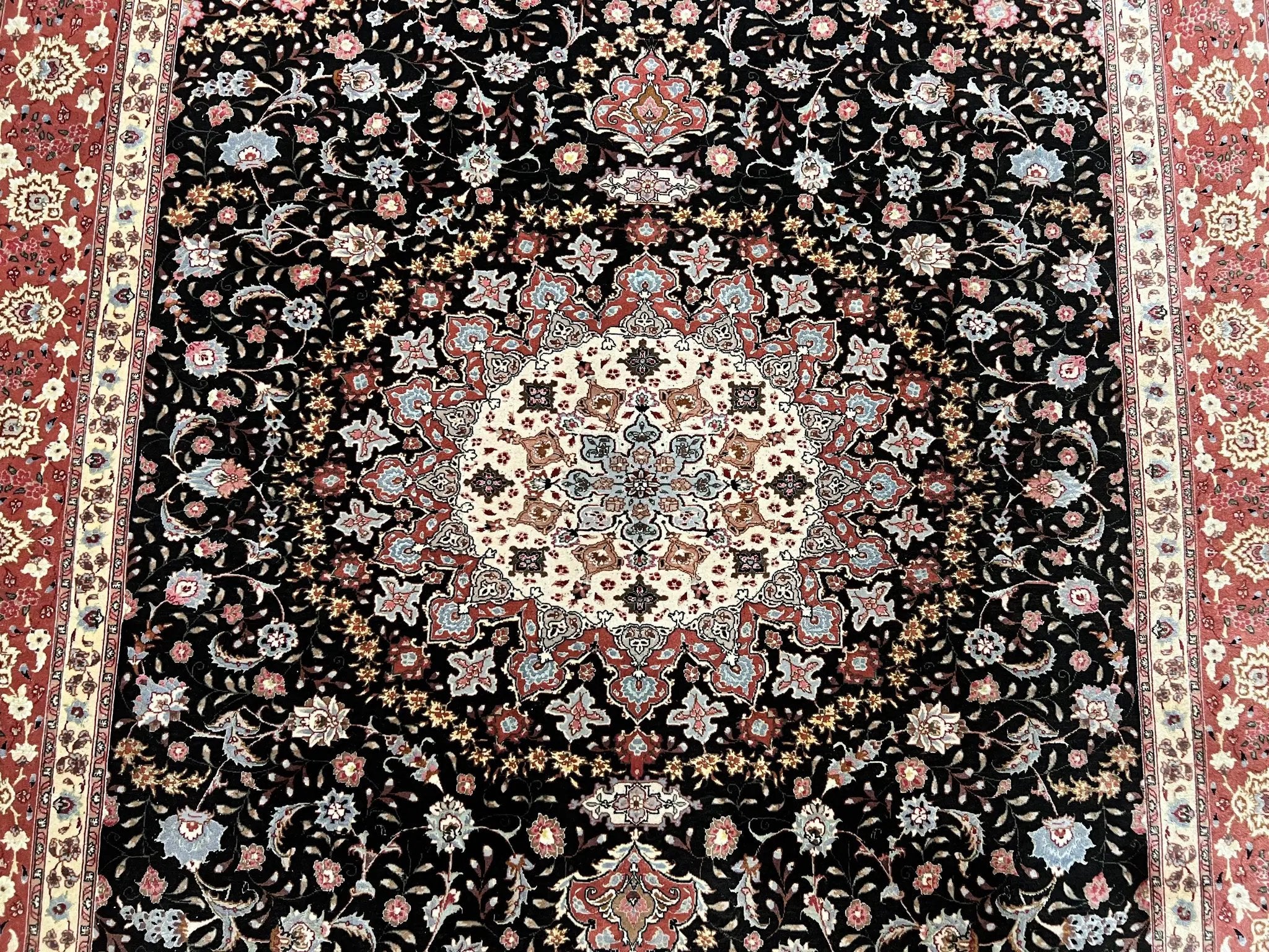 Marvelous Persian Tabriz Rug 7x10 ft, Super Fine 50 Raj, 300+ KPSI, Black and Rust Red, Floral Medallion Handmade Wool Oriental Carpet, Top Quality by Jewel Rugs