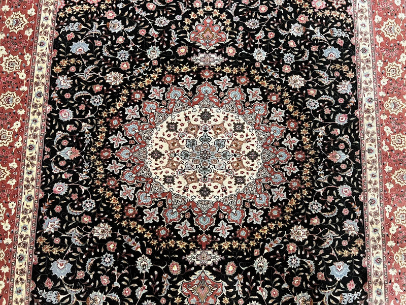 Marvelous Persian Tabriz Rug 7x10 ft, Super Fine 50 Raj, 300+ KPSI, Black and Rust Red, Floral Medallion Handmade Wool Oriental Carpet, Top Quality by Jewel Rugs