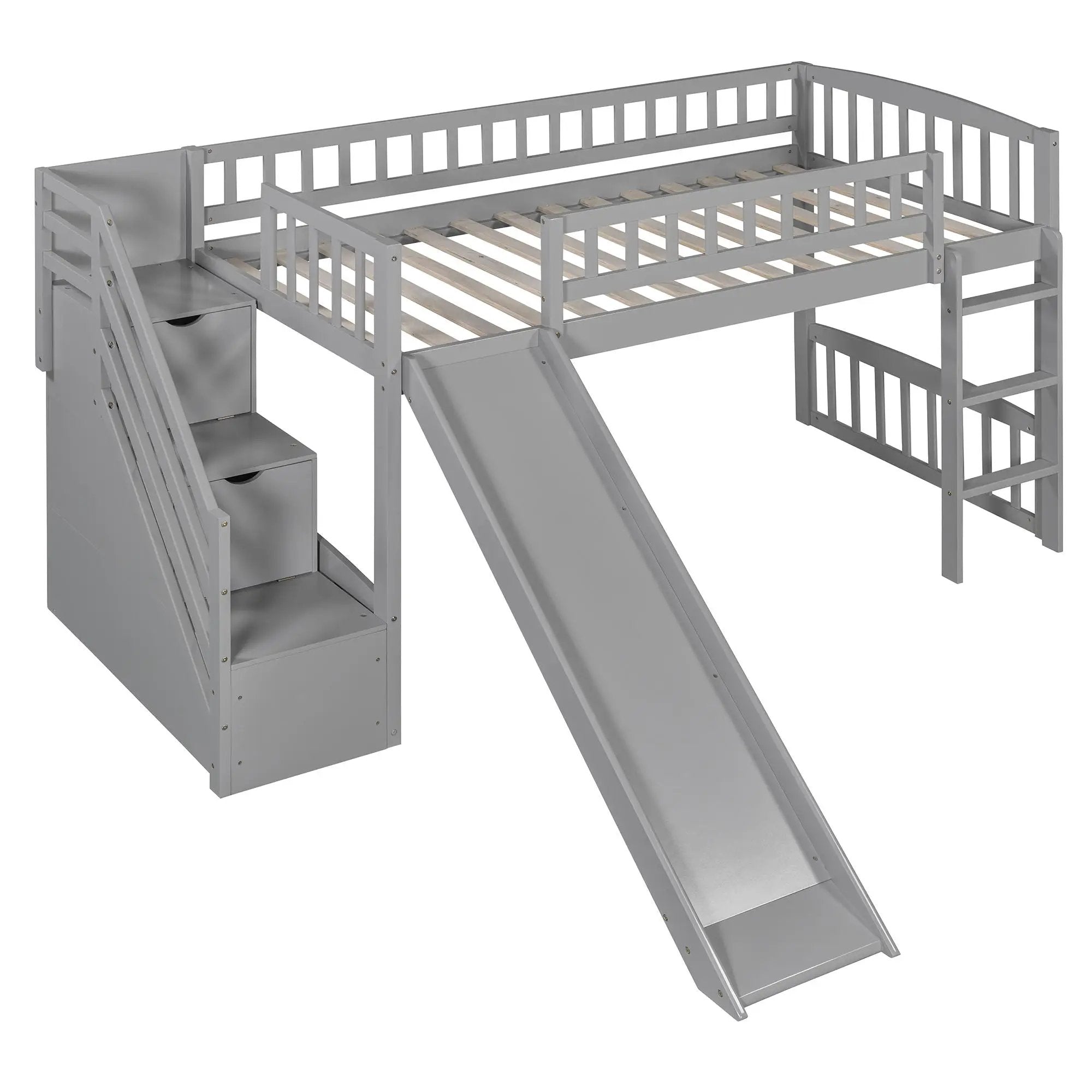 Loft Stairway Bed With 2 Drawers, Convertible Ladder And Slide