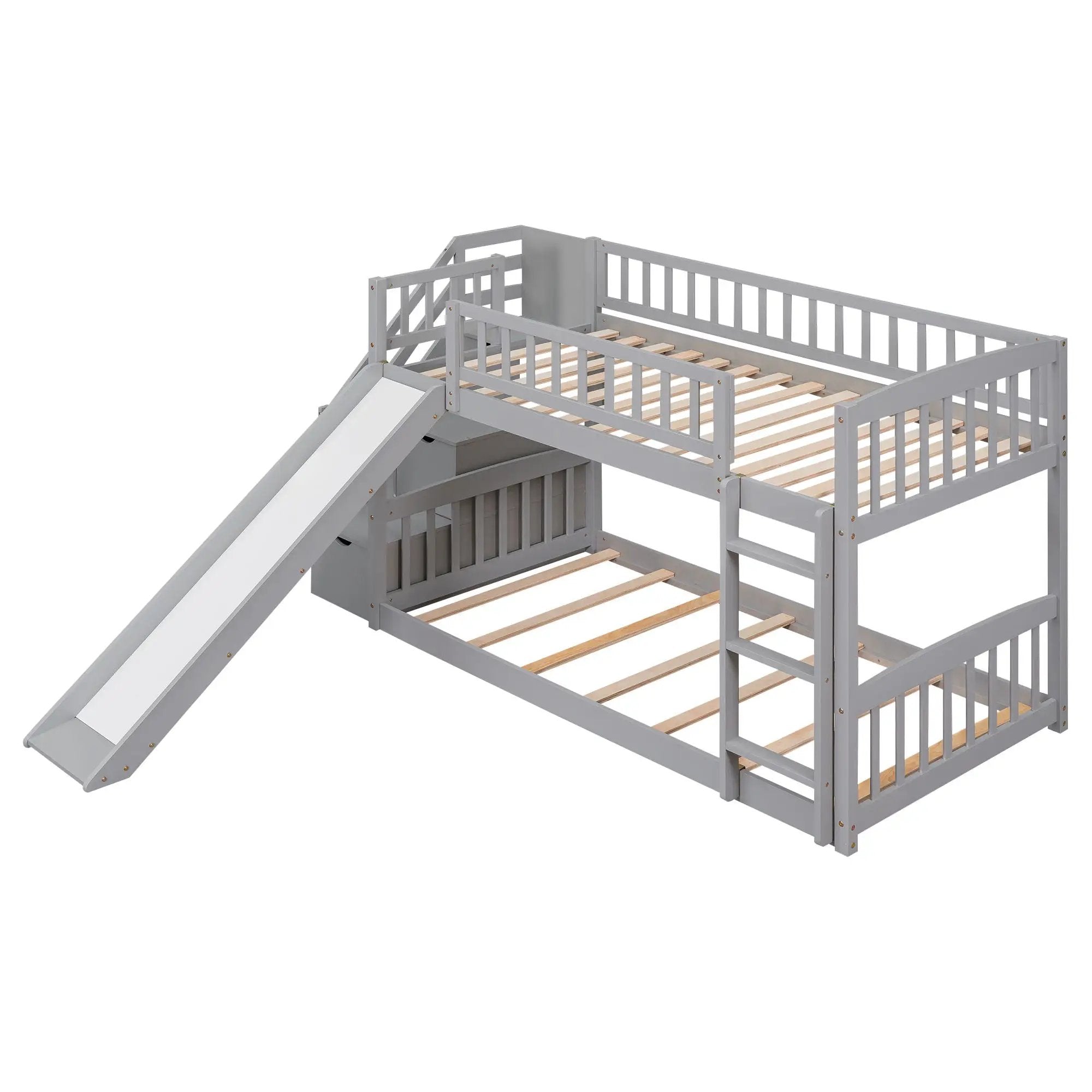 Twin Over Twin Bunk Stairway Bed With 2 Drawers And Slide - Gray by HouseOfZazla