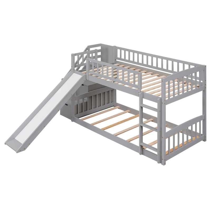 Twin Over Twin Bunk Stairway Bed With 2 Drawers And Slide - Gray by HouseOfZazla