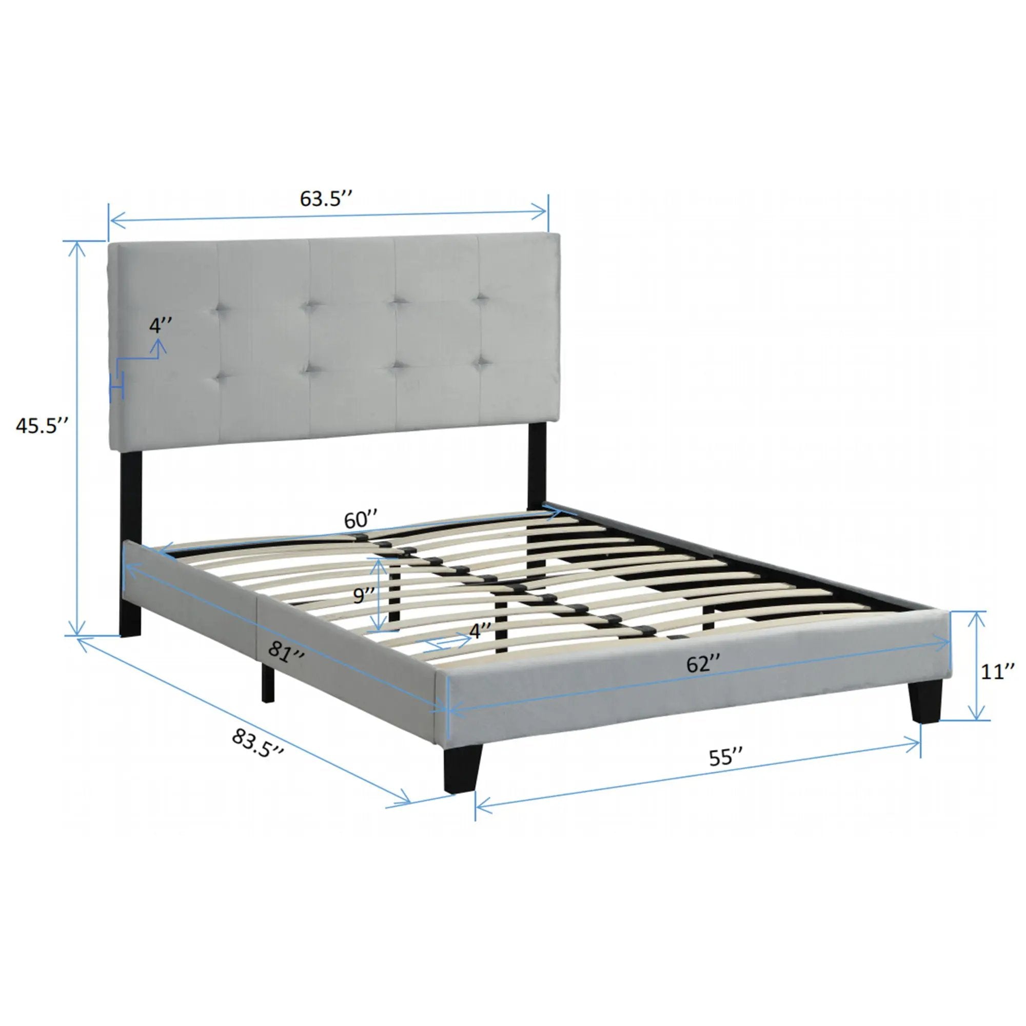 Queen Size Upholstered Platform Bed Frame With Pull Point Tufted Headboard, Strong Slat Support, Mattress Foundation, No Box Spring Needed - Gray by Unique Piece Furniture