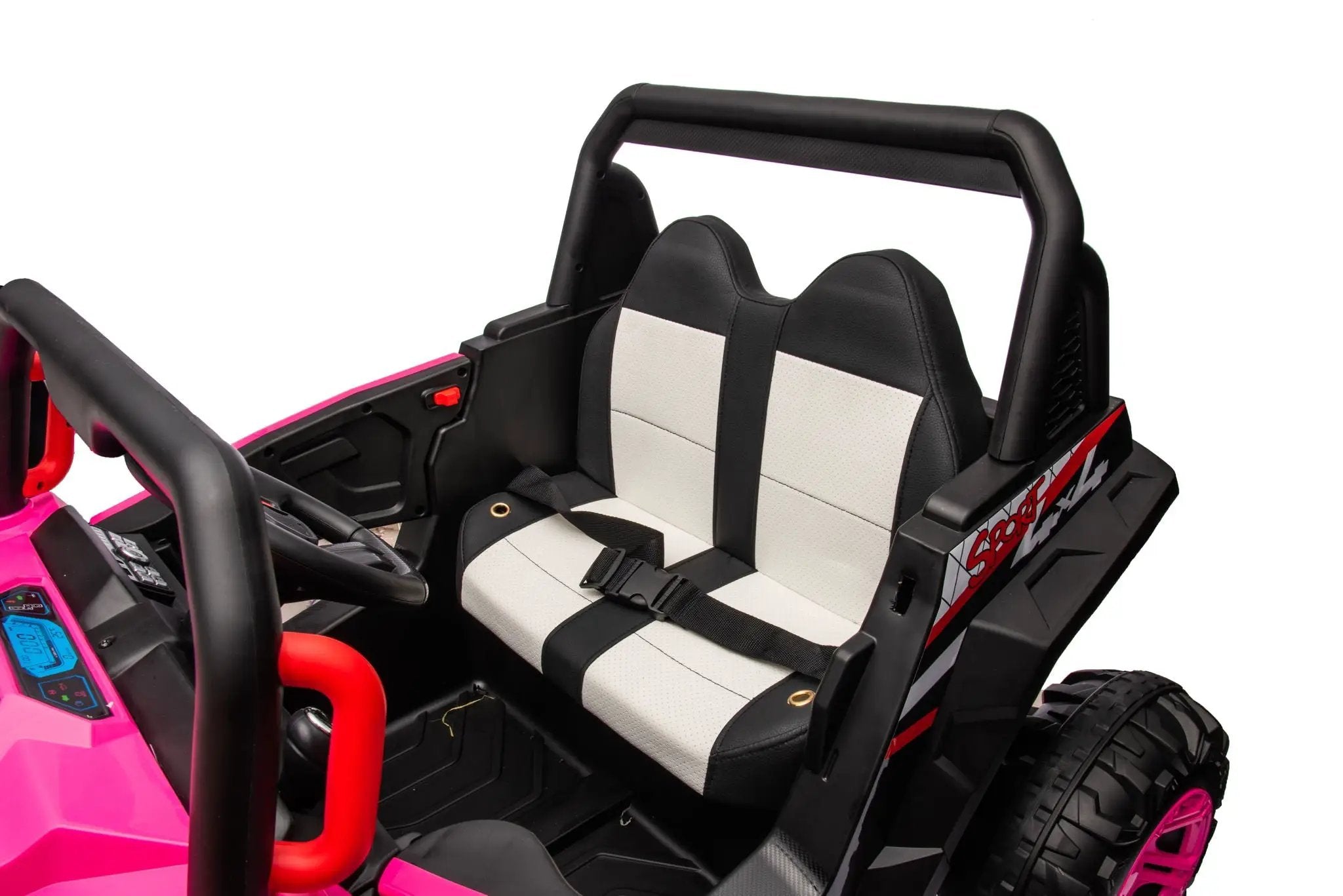 12V7A*1 30W*4 Four-Wheel Drive Seat One Button Start, Forward And Backward, High And Low Speed, Music, Front Light, Power Display, Two Doors Can Open, 2.4G R / C, Seat Belt Four Wheel Absorber by HouseOfZazla